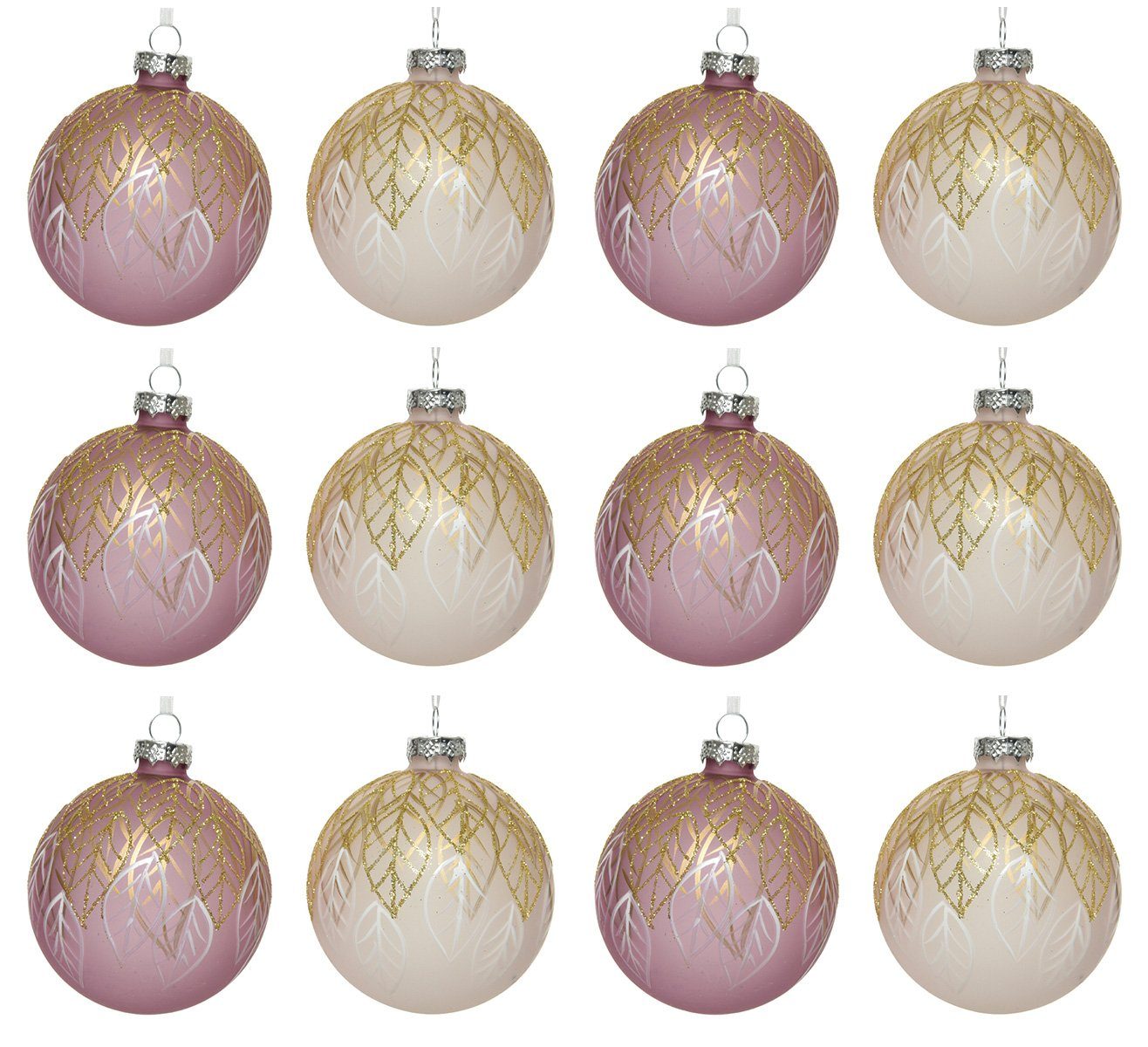 Kaemingk Weihnachtsbaumkugel, Weihnachtskugeln Glas 8cm mit Blätter Motiv 12er Set rosa / altrosa