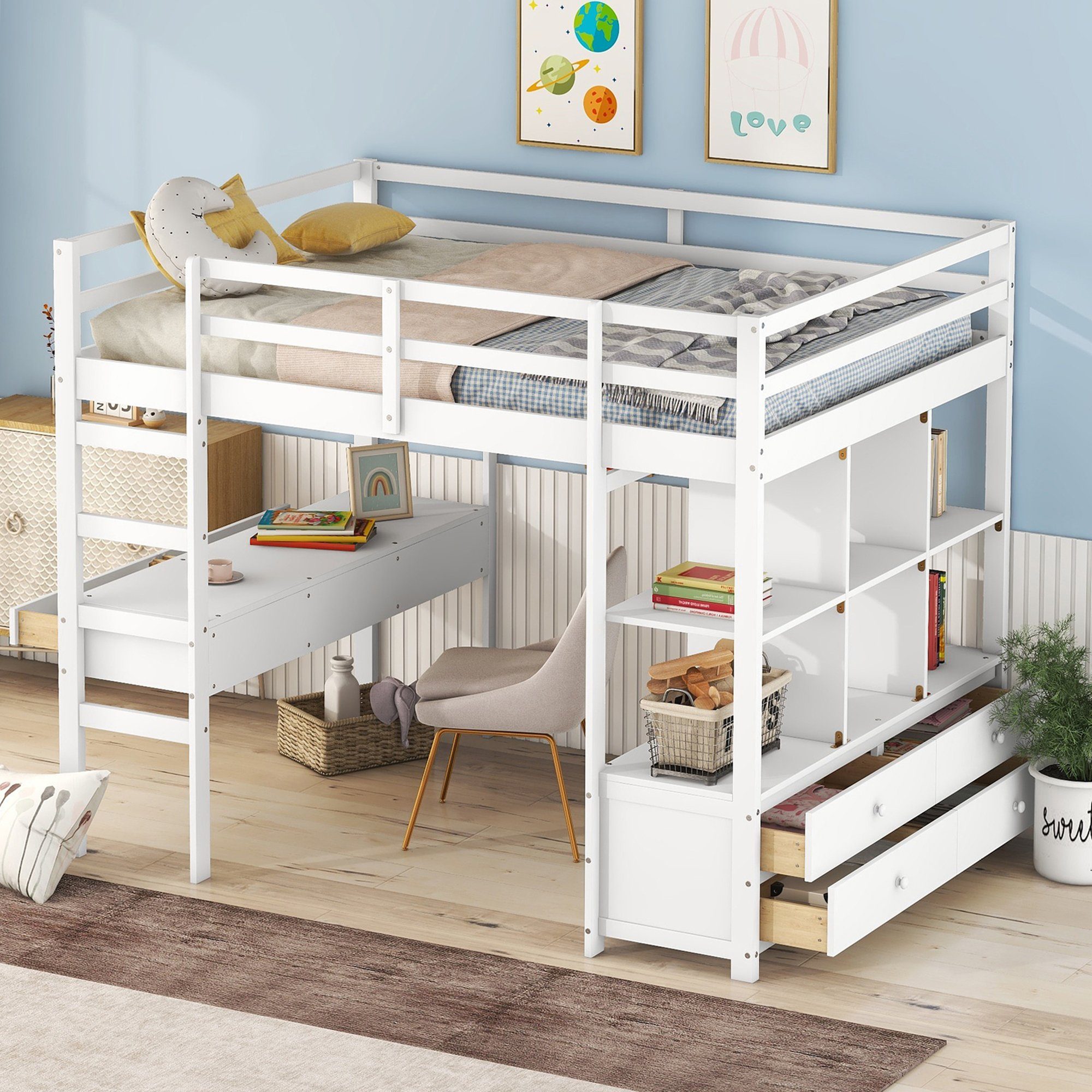 Merax Hochbett mit Schreibtisch und Regal Etagenbett 90x200cm mit Schublade günstig online kaufen