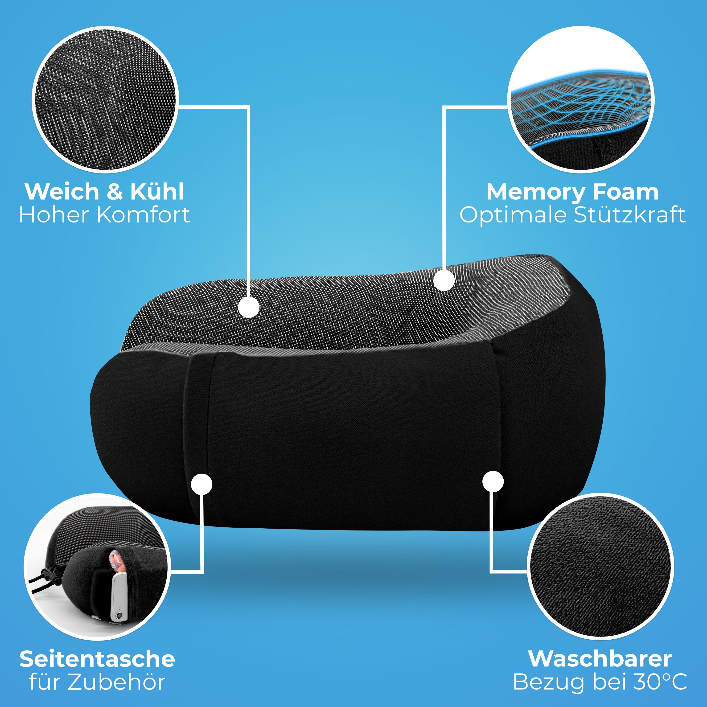 Styngard Nackenkissen Kinder Reisekissen, aus Memory-Foam inkl. Schlafmaske und Ohrstöpsel