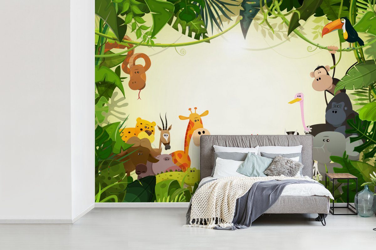 - Fototapete bedruckt, Wohnzimmer, Jungen - Matt, (6 Wandtapete Tapete - für - -, Kinder Tiere Dschungel - Schlange St), Montagefertig Vinyl Elefant MuchoWow Mädchen -