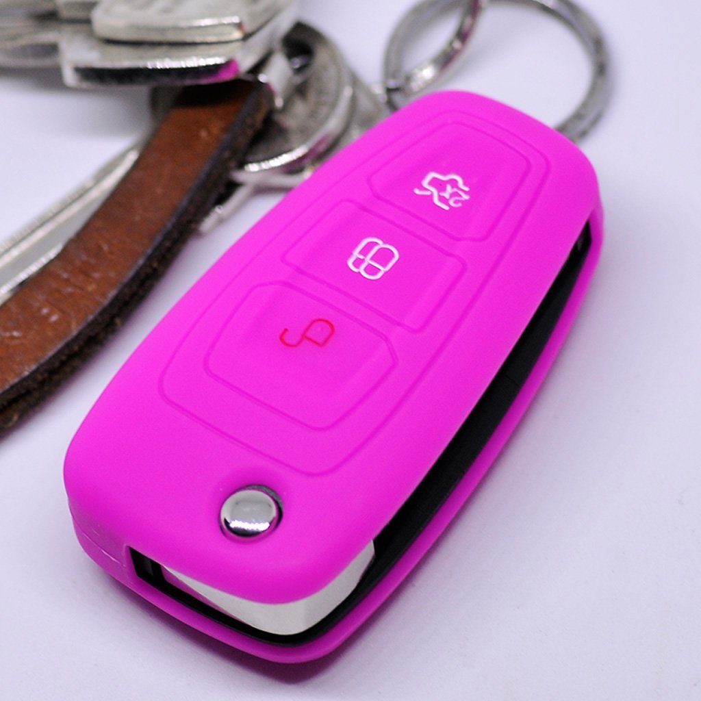 mt-key Schlüsseltasche Autoschlüssel Softcase Silikon Schutzhülle Pink, für Ford Mondeo Focus S-Max Fiesta Transit 3 Tasten Klappschlüssel