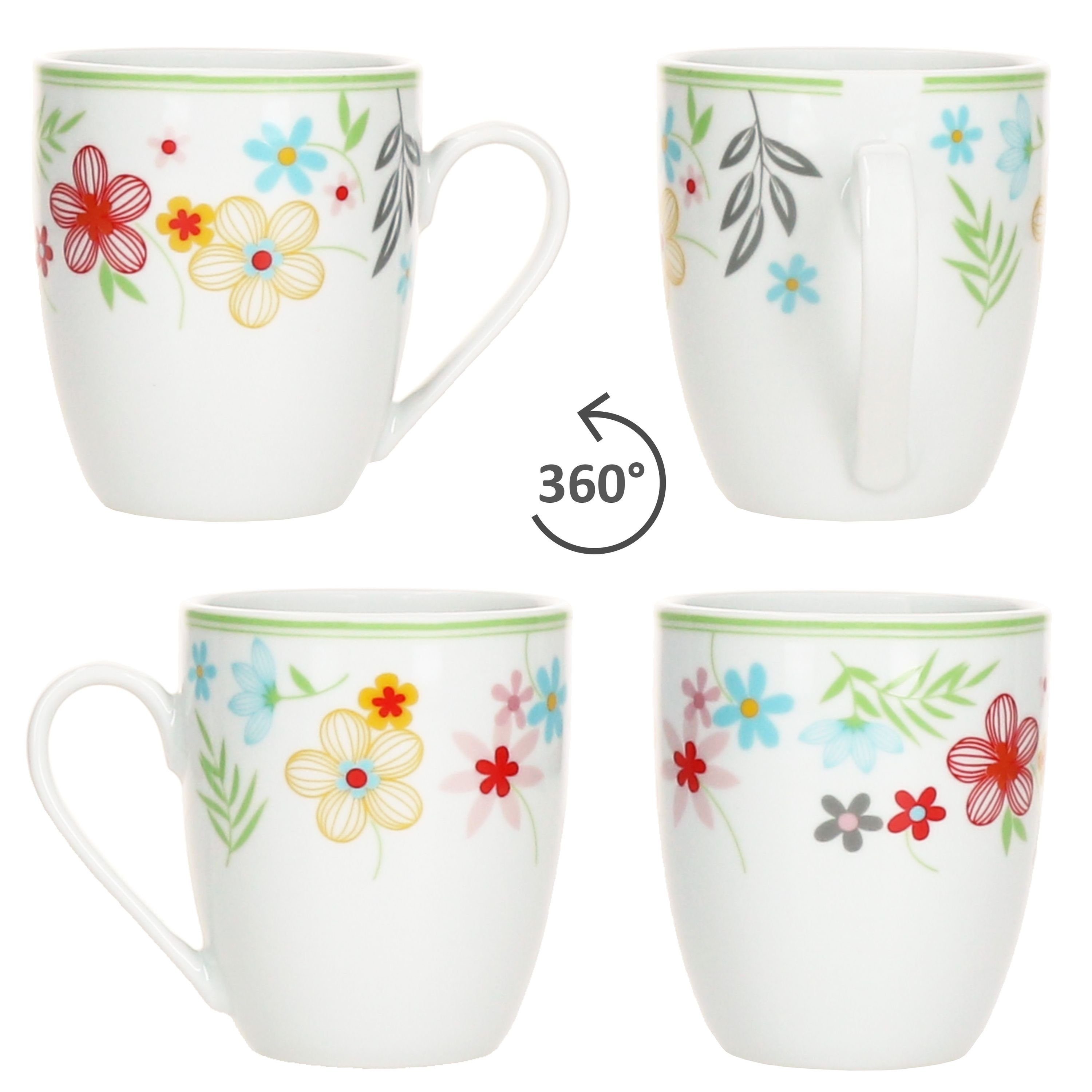 MamboCat Becher 6er Set Variant Blümchen Kaffeebecher 350ml bunte Porzellantassen, Porzellan