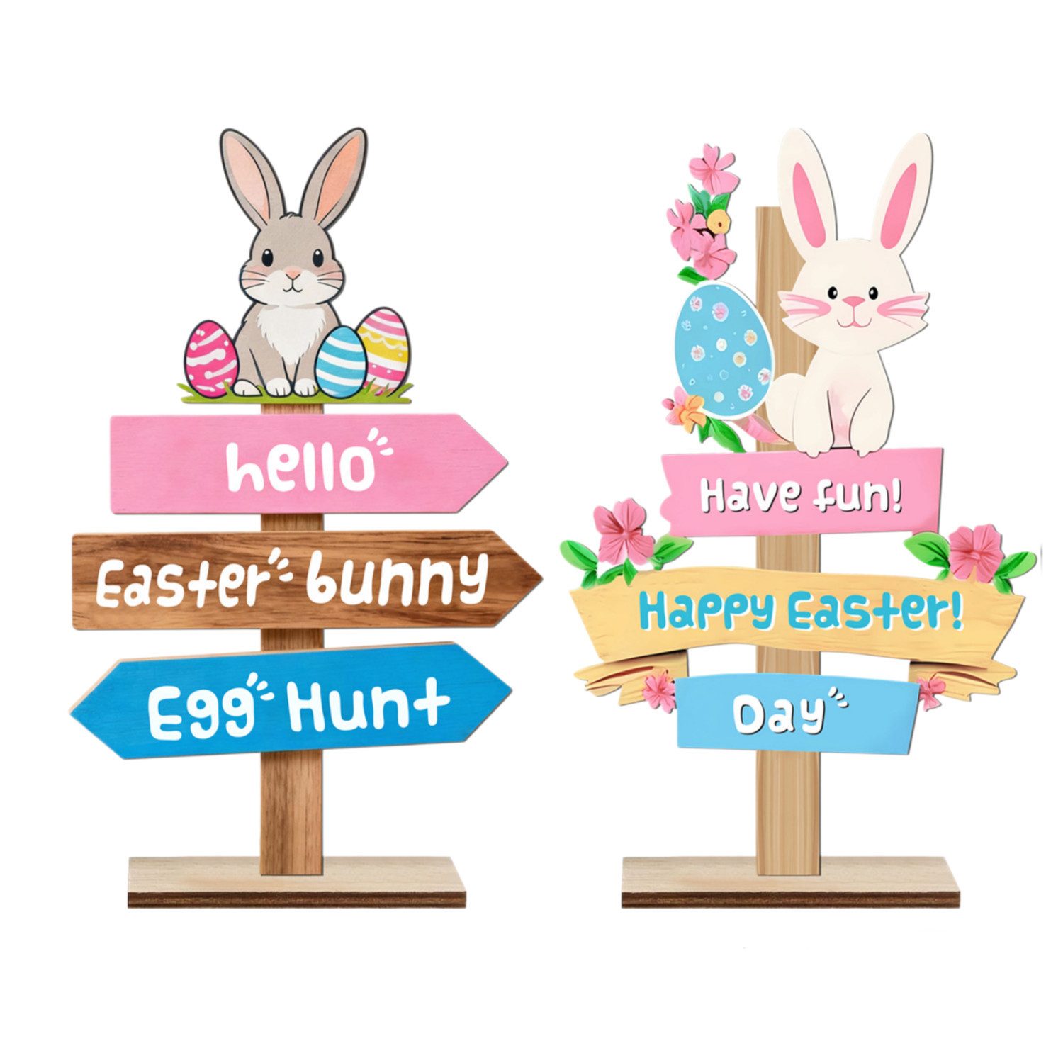 FOUORTUNATE-BEE Dekofigur Bunte Osterhasen Deko aus Holz 2er Set für Tisch, Holz Hasen Figuren mit Happy Ostern Schild Deko