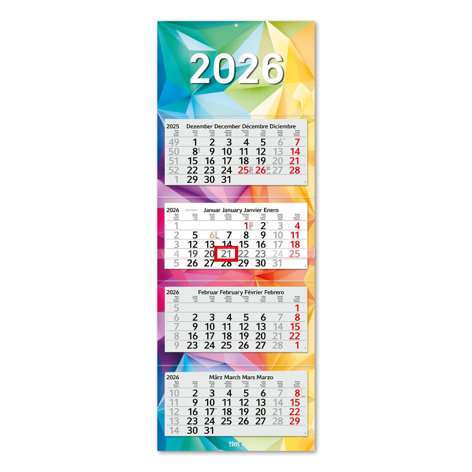 Timr Monatskalender 4 Monatskalender 2026 I 33 x 90 cm I Jahresplaner mit Feiertagen