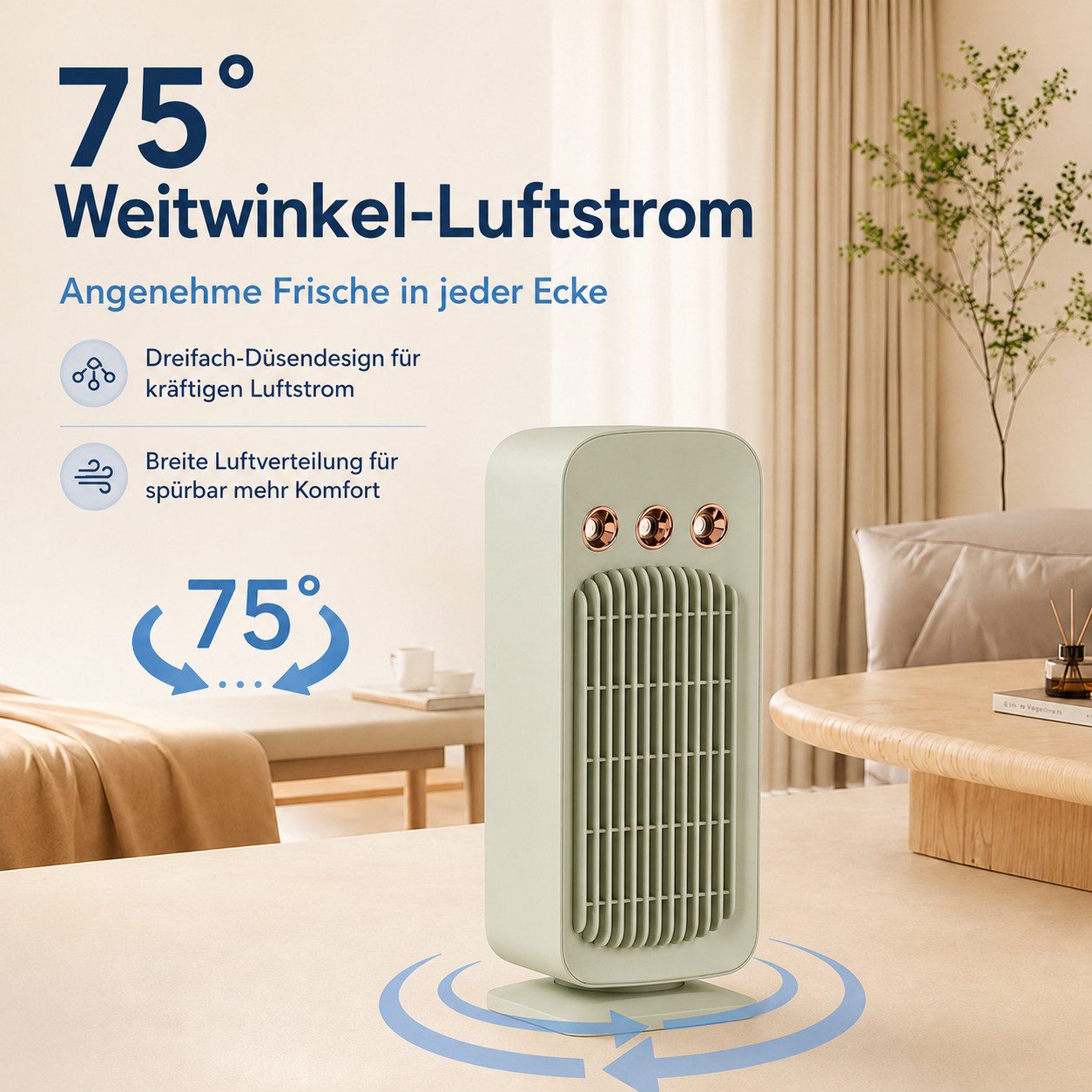 MOPUEA Standventilator Tragbarer Klimaanlagen-Ventilator Turmventilator Mit Sprühnebel, Leiser Akkuventilator mit 3 Stufen und 75°-Oszillation für Outdoor