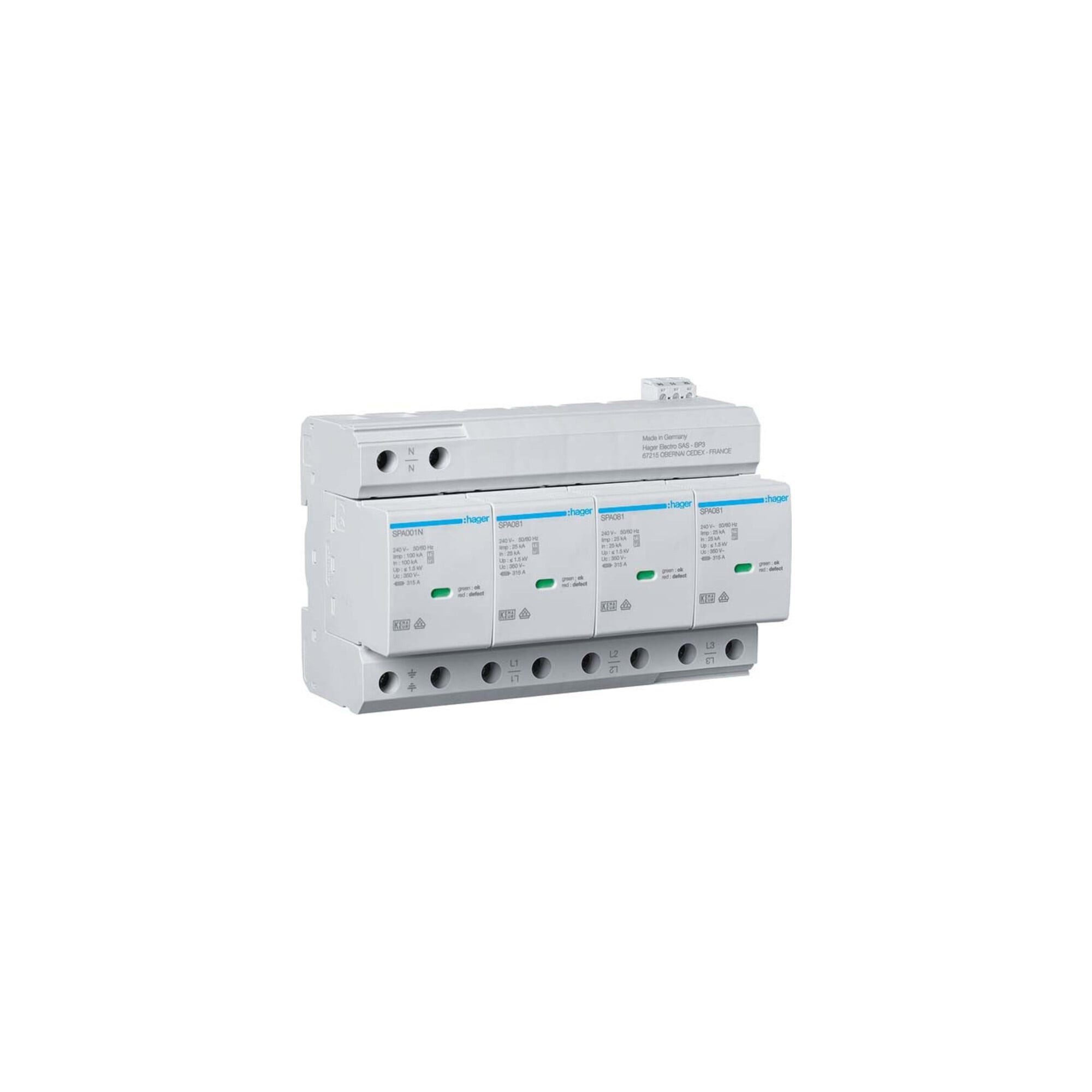 Hager Sicherungshalter Hager Kombiableiter T1+T2 4P Uc350V Iimp SPA801