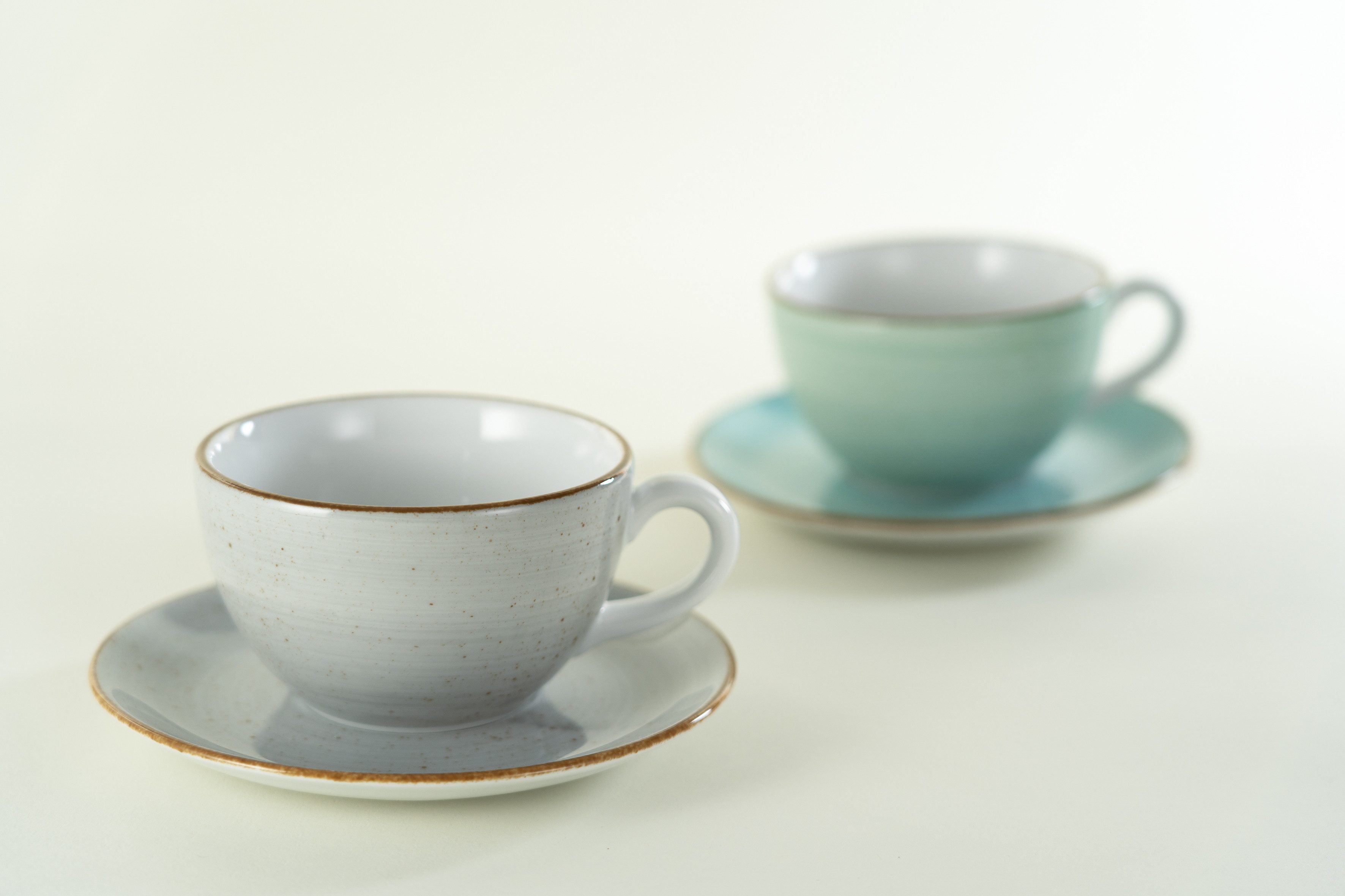 CreaTable Cappuccinotasse Vintage Nature Stein, Cappuccino-Set, 8-tlg., 8-tlg., Porzellan, Handgemalt, Gesprenkelt, Rustikales Außenband