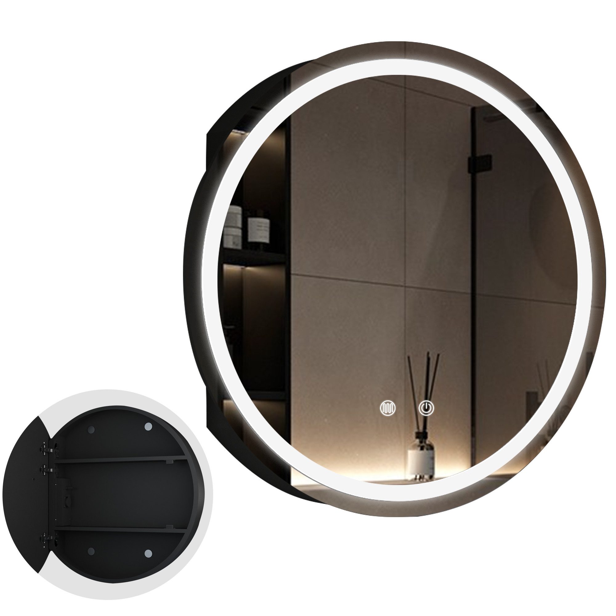 WDWRITTI Spiegelschrank Bad mit Beleuchtung Badezimmerspiegelschrank mit LED ∅80cm, ∅60cm (Wandschrank Badezimmer Rund 60x60cm 80x80cm, 3Lichtfarben, Dimmbar, Anti-fog, Speicherfunktion) Metall Schrank, Stahlblechregale, mit Netzadapter, IP44