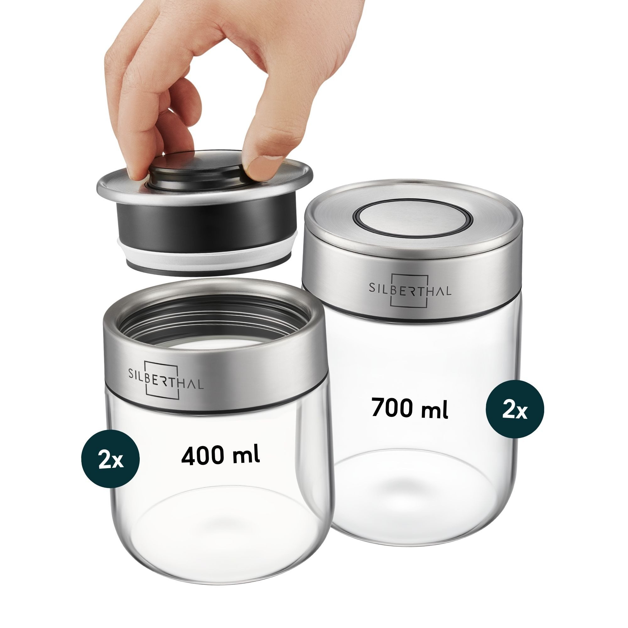 SILBERTHAL Vorratsglas 4er Set Mini, Vorratsdosen mit Klickdeckel, Glas, Edelstahl, (4er Set Mix Mini, 4-tlg), Luftdicht & Mottensicher