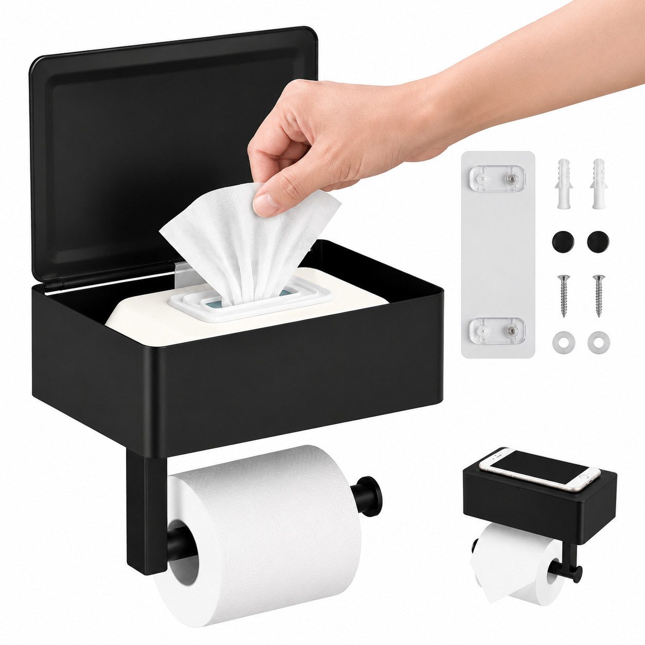Fyrove Toilettenpapierhalter Klopapierhalter Edelstahl mit Feuchttücherbox und Ablage ohne Bohren (Moderner WC Rollenhalter aus Edelstahl mit integrierter Feuchttücherbox, praktischer 21 cm Ablagefläche und flexibler Montage), ideal für Badezimmer, Gäste-WC und Küche