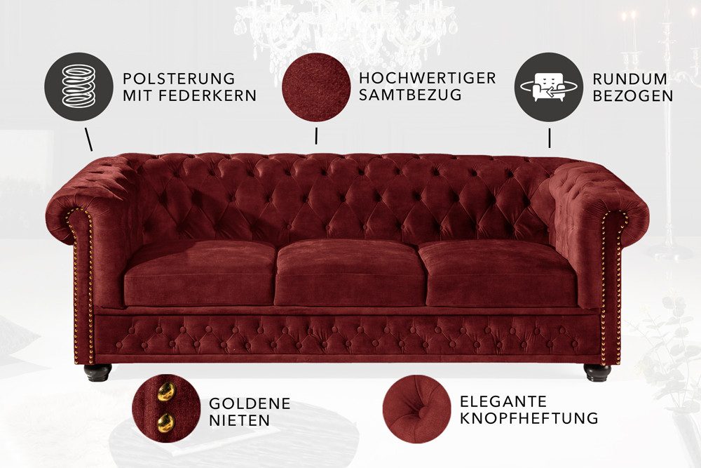 riess-ambiente Sofa CHESTERFIELD 205cm rot - Samt, Federkern-Polsterung, Rundum Bezug, Einzelartikel 1 Teile, 3-Sitzer Couch mit Knopfheftung & Goldnieten - ide – Bild 5 von 5