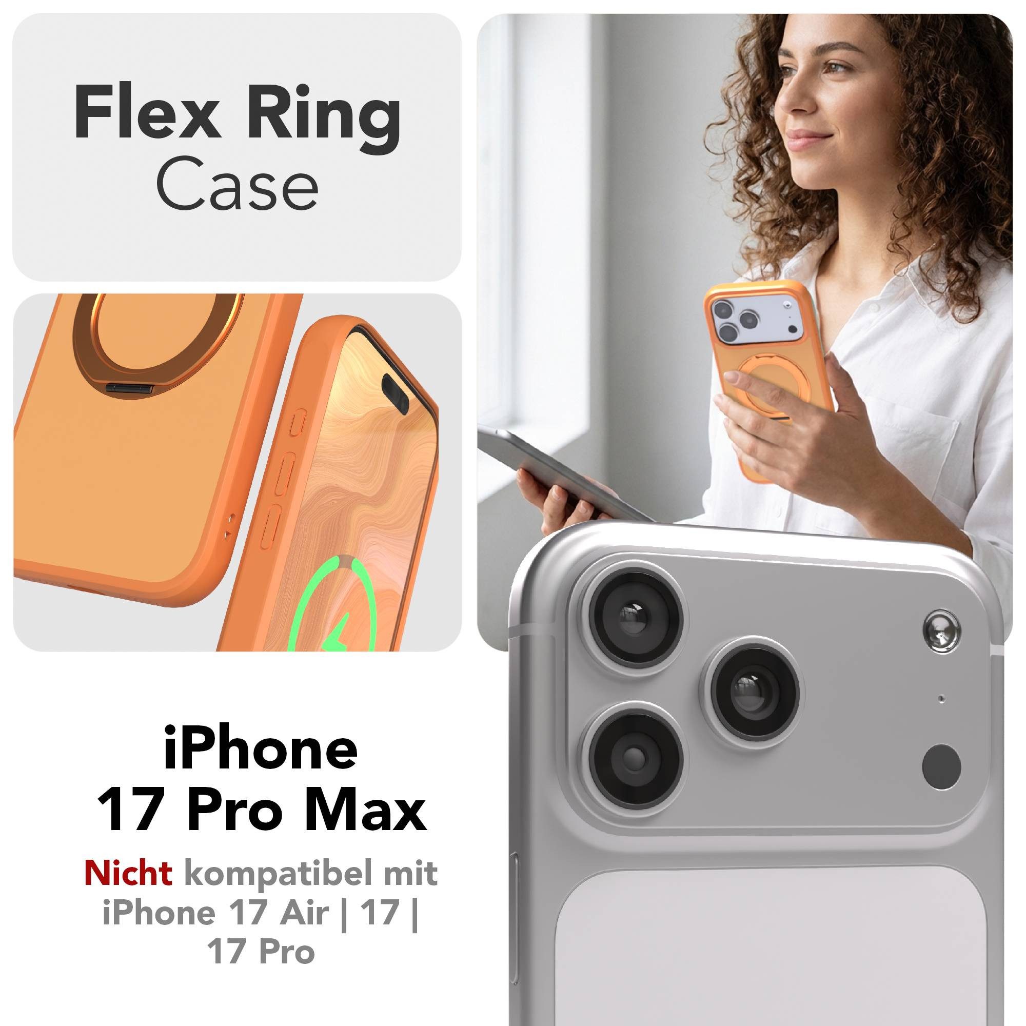 EAZY CASE Handyhülle Outdoor Apple iPhone 17 Pro Max Case MagSafe Rotation Ring 6,9 Zoll, Slimcover Handyhülle Outdoor zum Aufstellen mit Ring modern in Orange