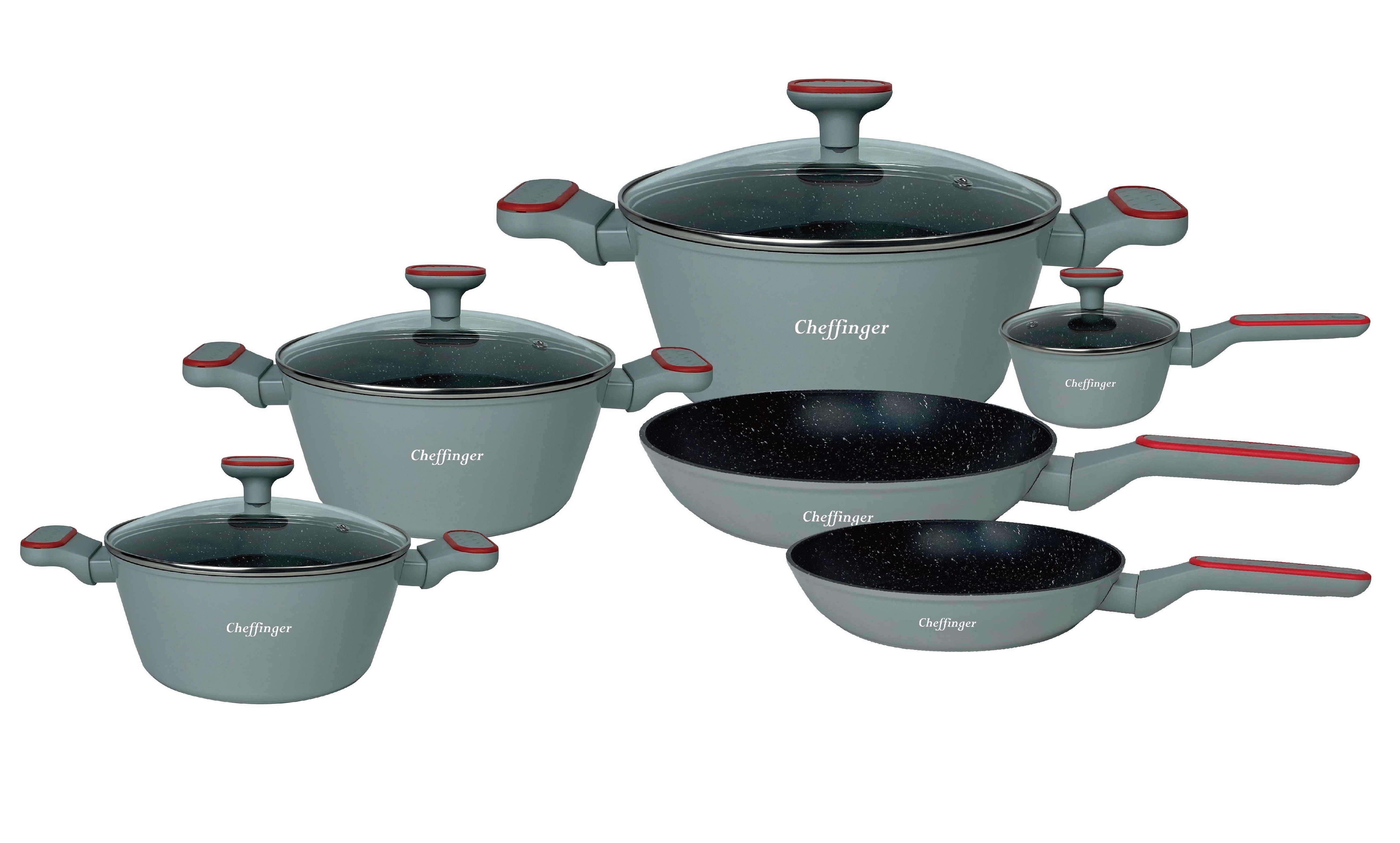 Cheffinger Topf-Set Kochtopf Kasserolle Bratpfannen Set 10-tlg grau + Deckel Cheffinger, Material: Aluminium, Stahl, Glas (Kochset bestehend aus 10 Teilen)