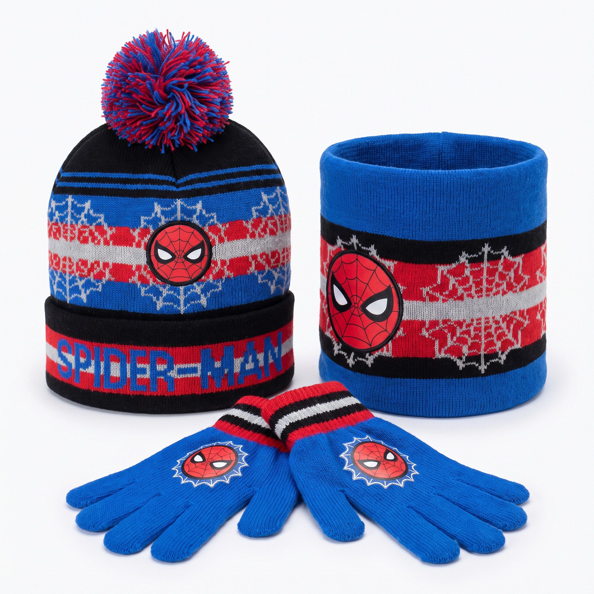 MARVEL Bommelmütze Spiderman Kinder Herbst Winter Set Mütze Loop plus Handschuhe 53/54 (3-St)