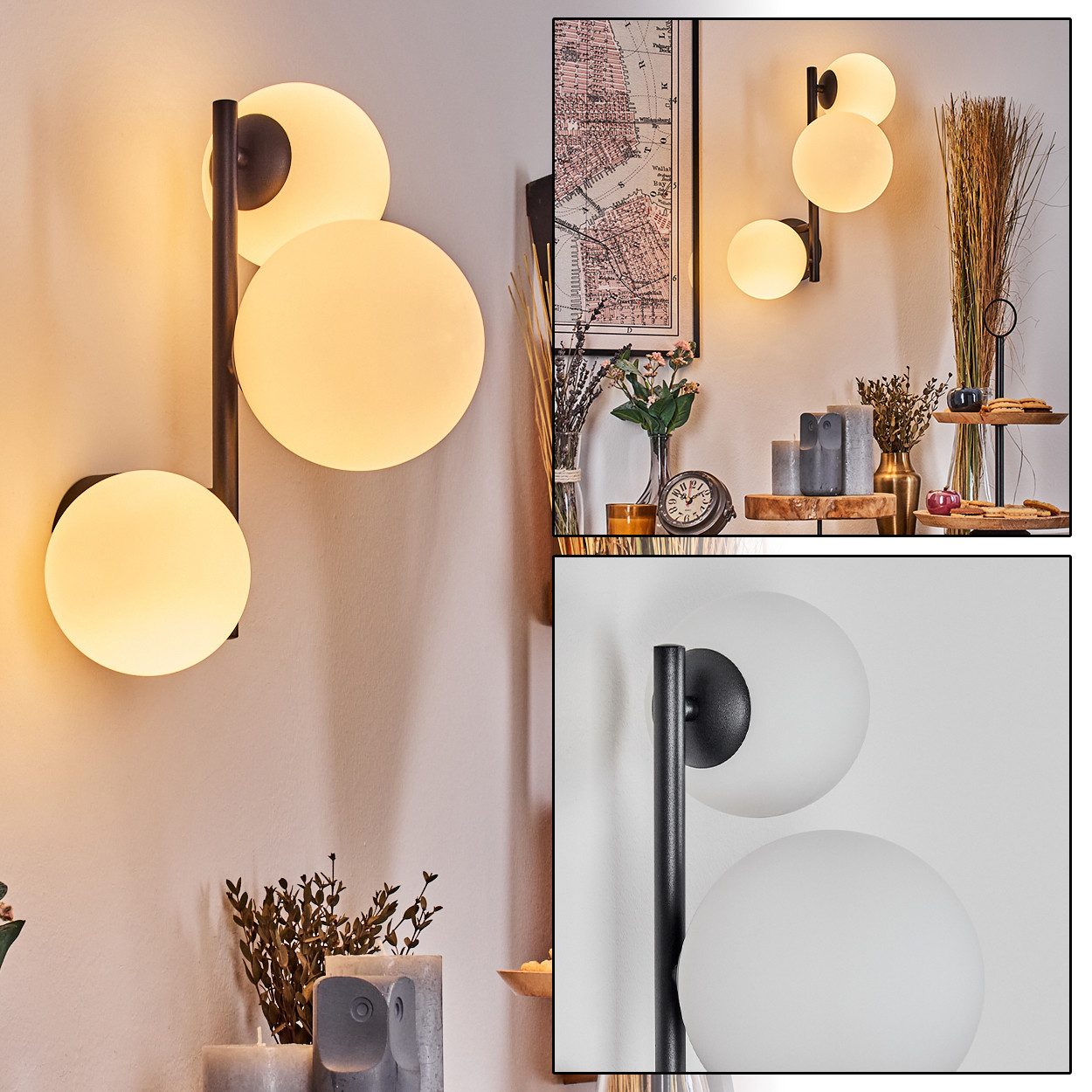 hofstein Wandleuchte Wandlampe aus Metall/Glas in Schwarz/Weiß/Milchglas, ohne Leuchtmittel, moderne Wandleuchte im Retro/Vintage-Desig (Schirme 12; 15cm), G9