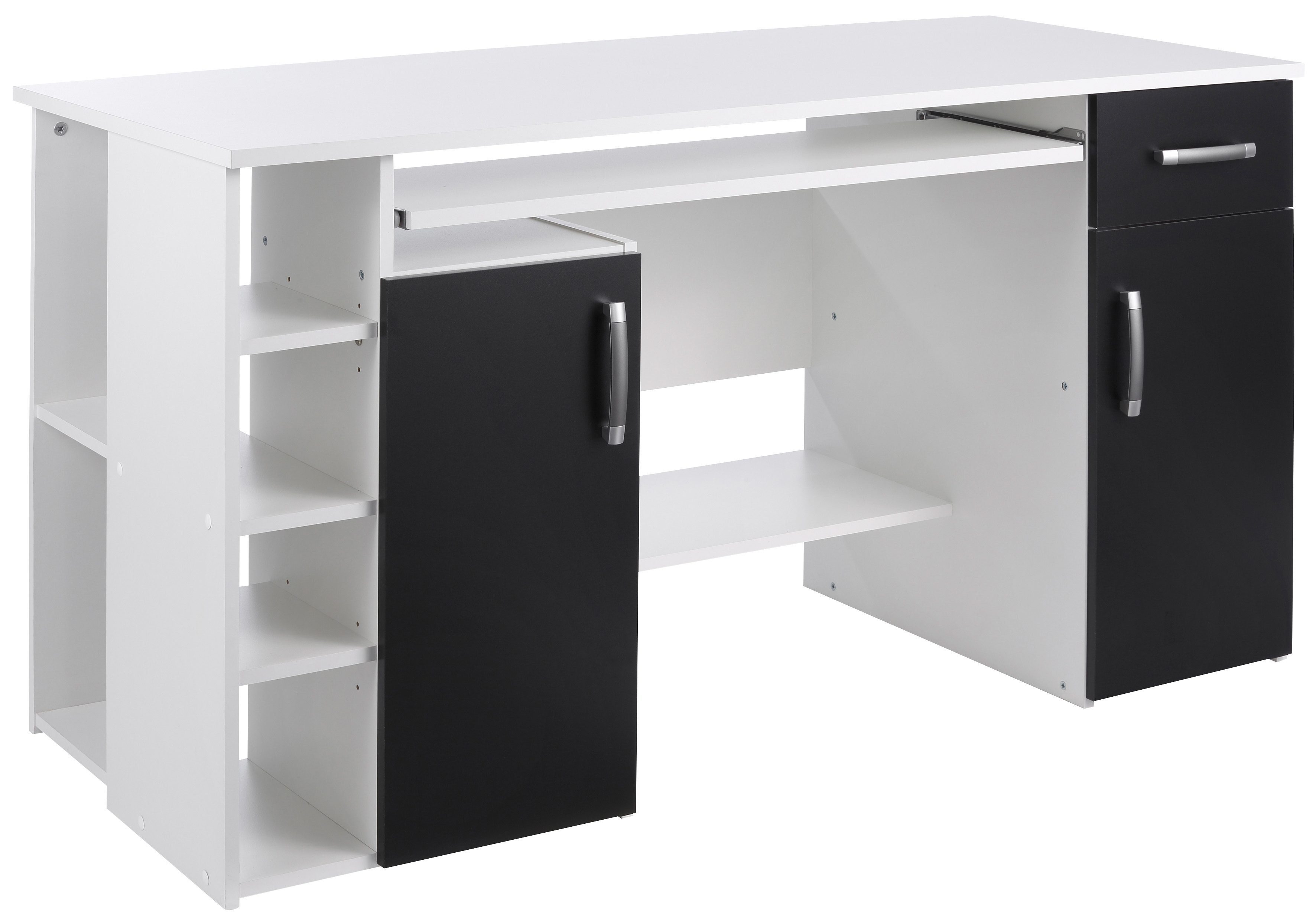 VOGL Möbelfabrik Schreibtisch Tim, mit 5 Fächern und Tastaturauszug, Made in Germany weiß/schwarz