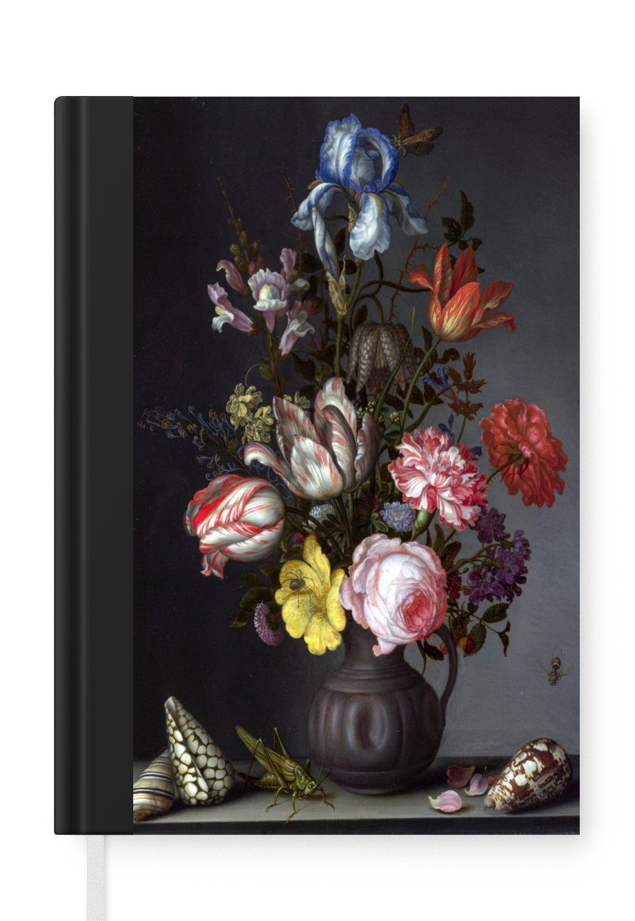 MuchoWow Notizbuch Blumen in einer Vase mit Muscheln und Insekten - Balthasar van der Ast, Journal, Merkzettel, Tagebuch, Notizheft, A5, 98 Seiten, Haushaltsbuch
