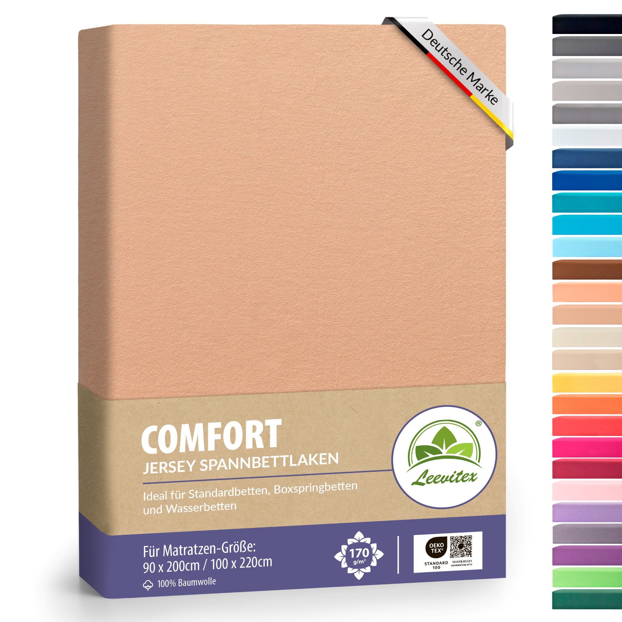 leevitex® Spannbettlaken verschiedene Größen, Stoffgewicht 170 g/m², 40 cm Steghöhe, Jersey, Gummizug: rundum, (1 Stück), verschiedene Farben, OEKO-TEX® STANDARD 100 zertifiziert