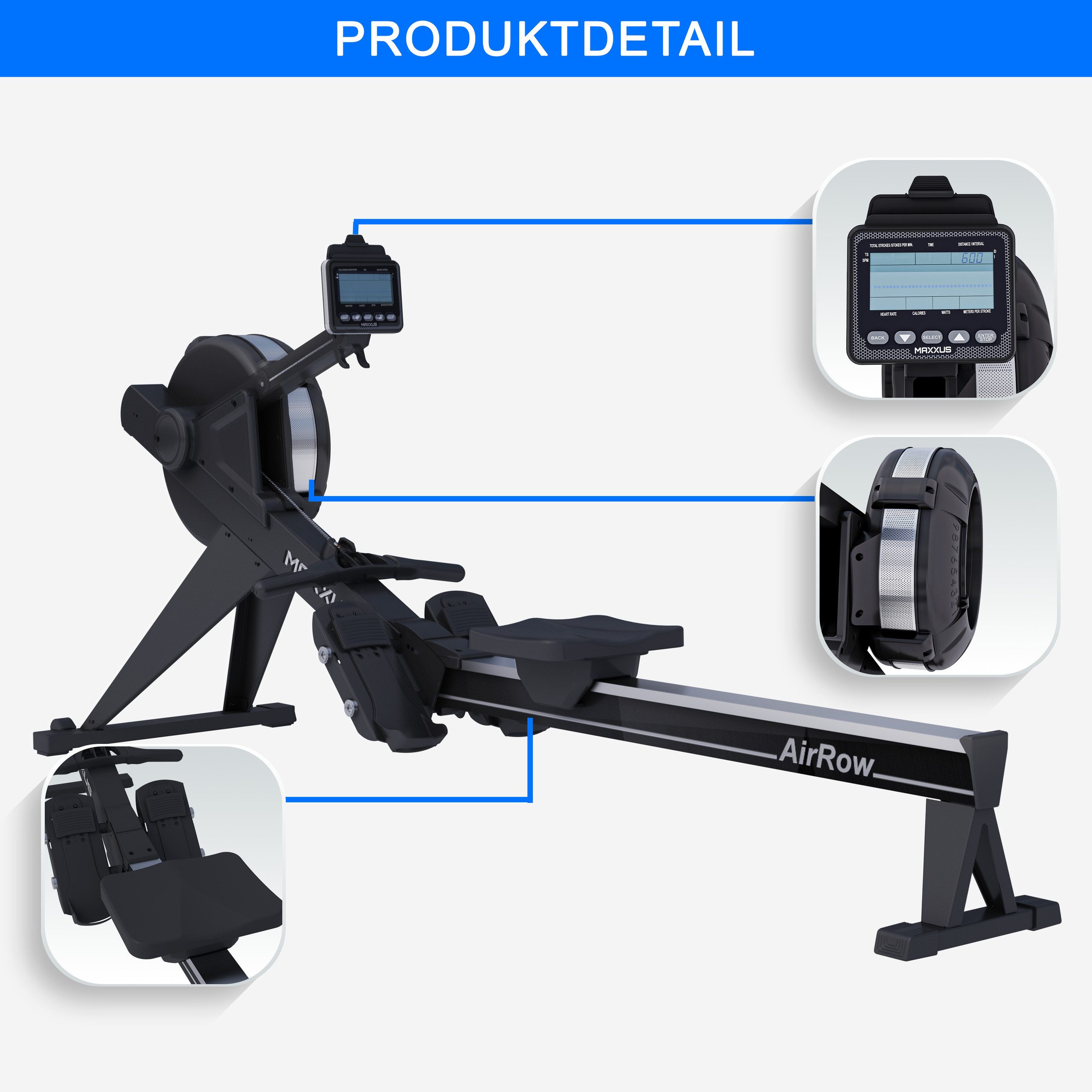 MAXXUS Rudergerät AirRow-Klappbar,Luftwiderstand,Platzsparend-Rudermaschine für Zuhause (1-tlg), Luftwiderstand, mit LCD Display, Ergonomisch, Kugelgelagerter Sitz