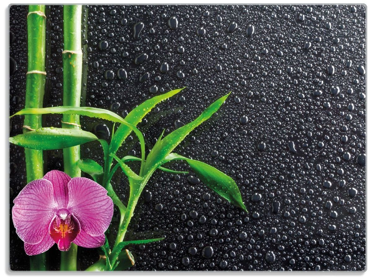 Wallario Schneidebrett Bambus 30x40cm (inkl. Glas auf Gummifüße mit pinke schwarzem 4mm, Orchidee Regentropfen, ESG-Sicherheitsglas, 1-St), rutschfester und
