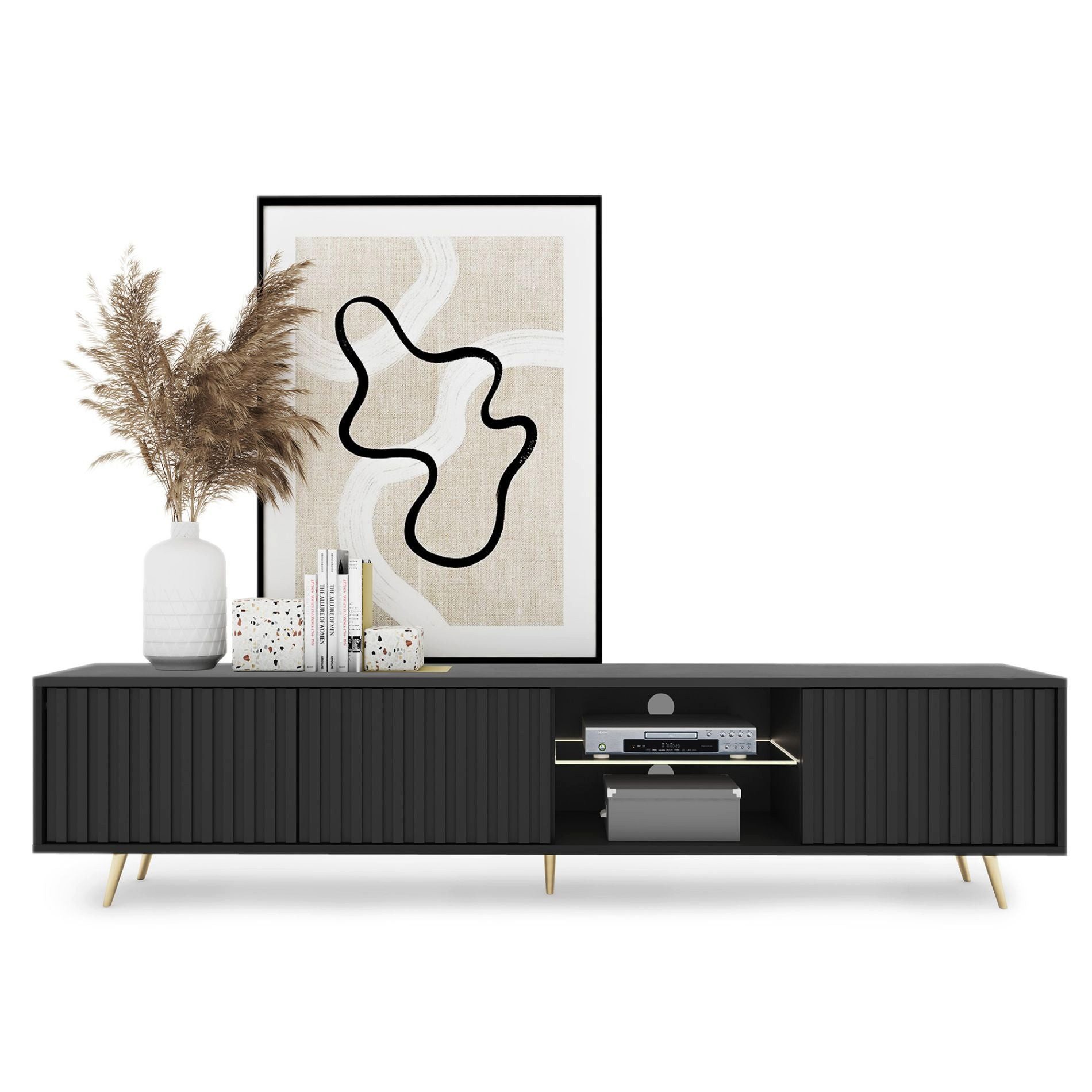 Selsey TV-Schrank BELLO mit goldenen Füßen, Lamellenfronten und LED, 175 cm