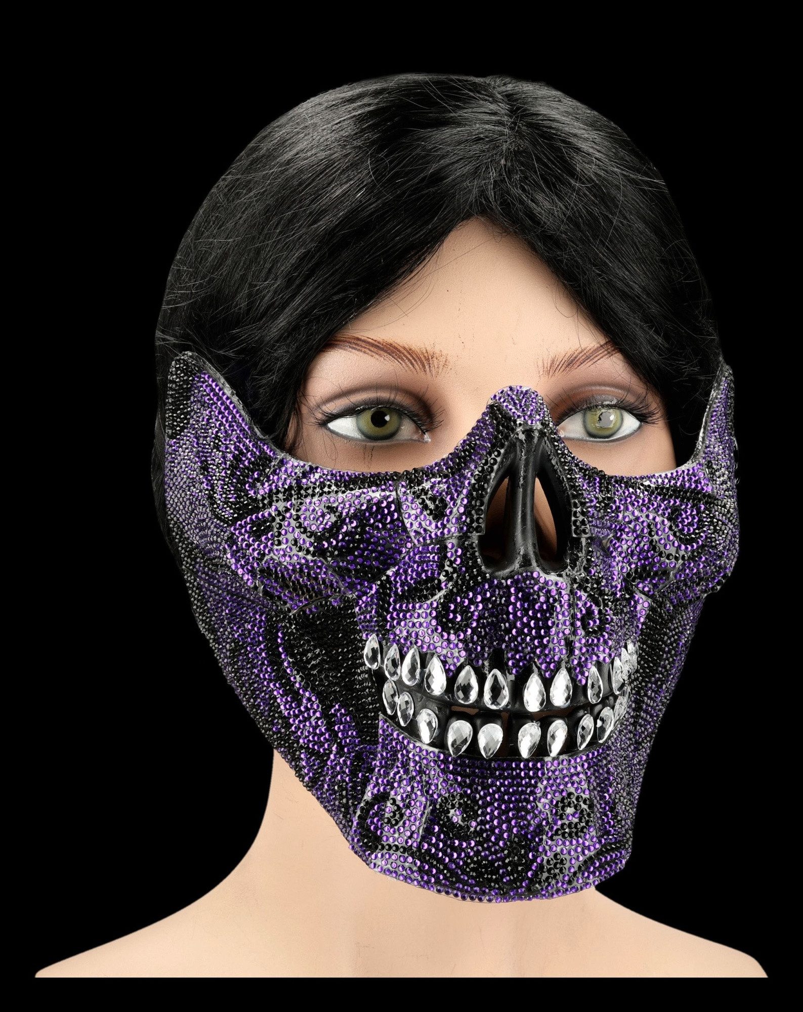 Figuren Shop GmbH Verkleidungsmaske Totenkopf Maske – Cosplay Halbmaske Gothic Horror Deko Lila 13 cm, mit Schmucksteinen verziert