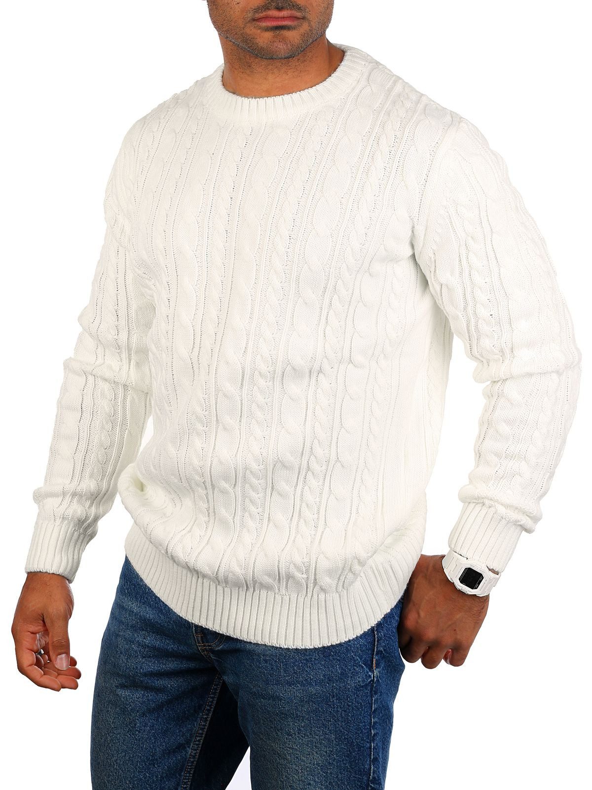 CARISMA Strickpullover Herren mit Zopf Cable Strickmuster Uni Rundhals retr günstig online kaufen