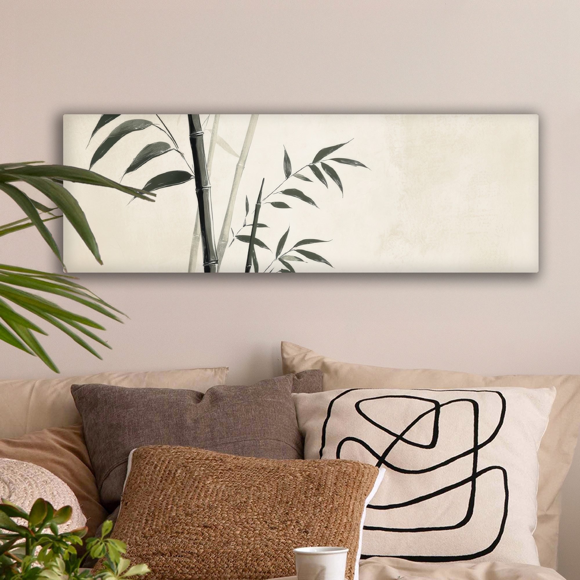 OneMillionCanvasses® Leinwandbild Panorama Japandi - Bambus - Beige, Fotodruck (1 St), Wandbild, Deko Schlafzimmer Wohnzimmer Flur 60x20 cm