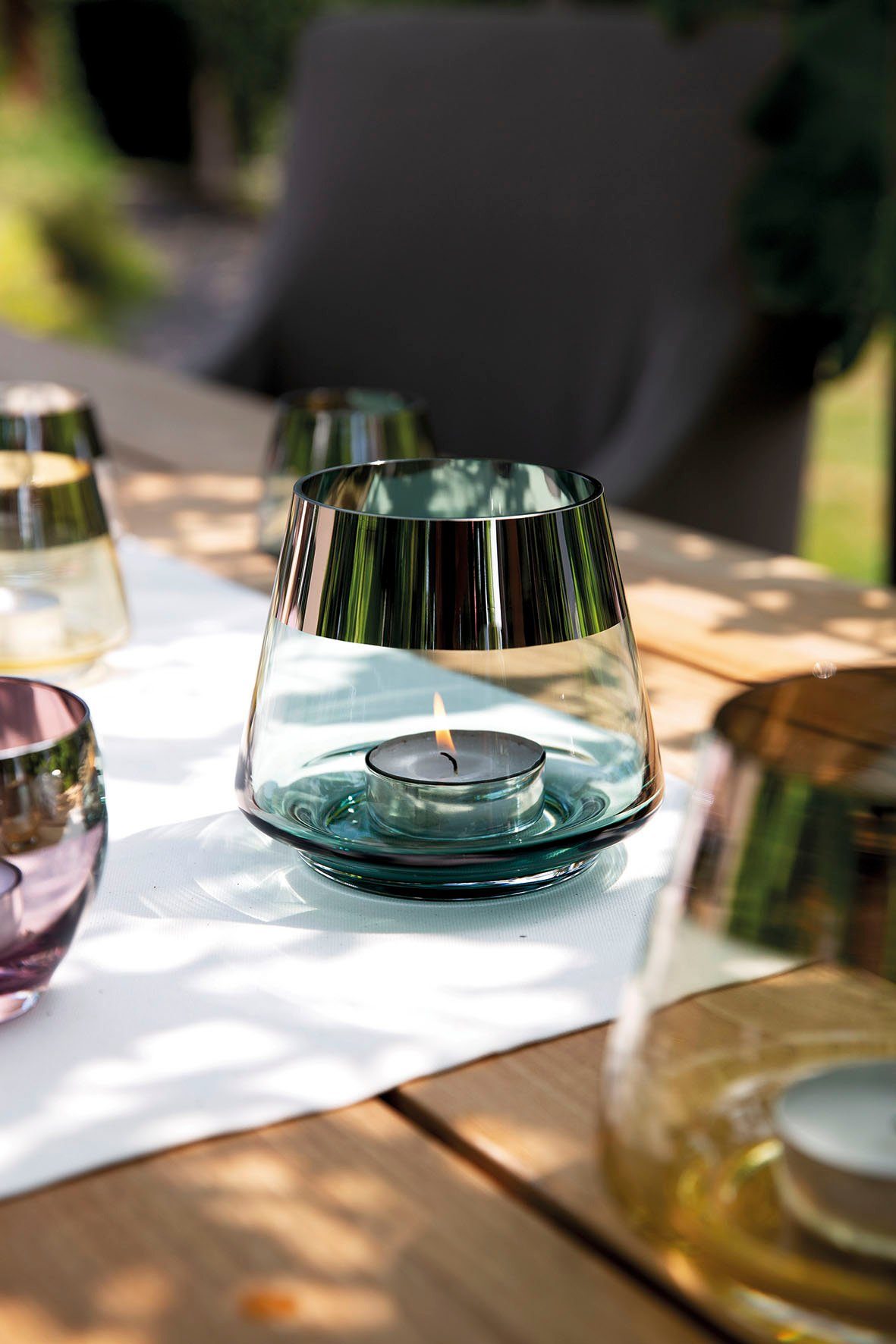 Fink Teelichthalter Kerzenhalter mit Rand (1 silberfarbenem St), aus JONA foliertem Glas, mundgeblasen