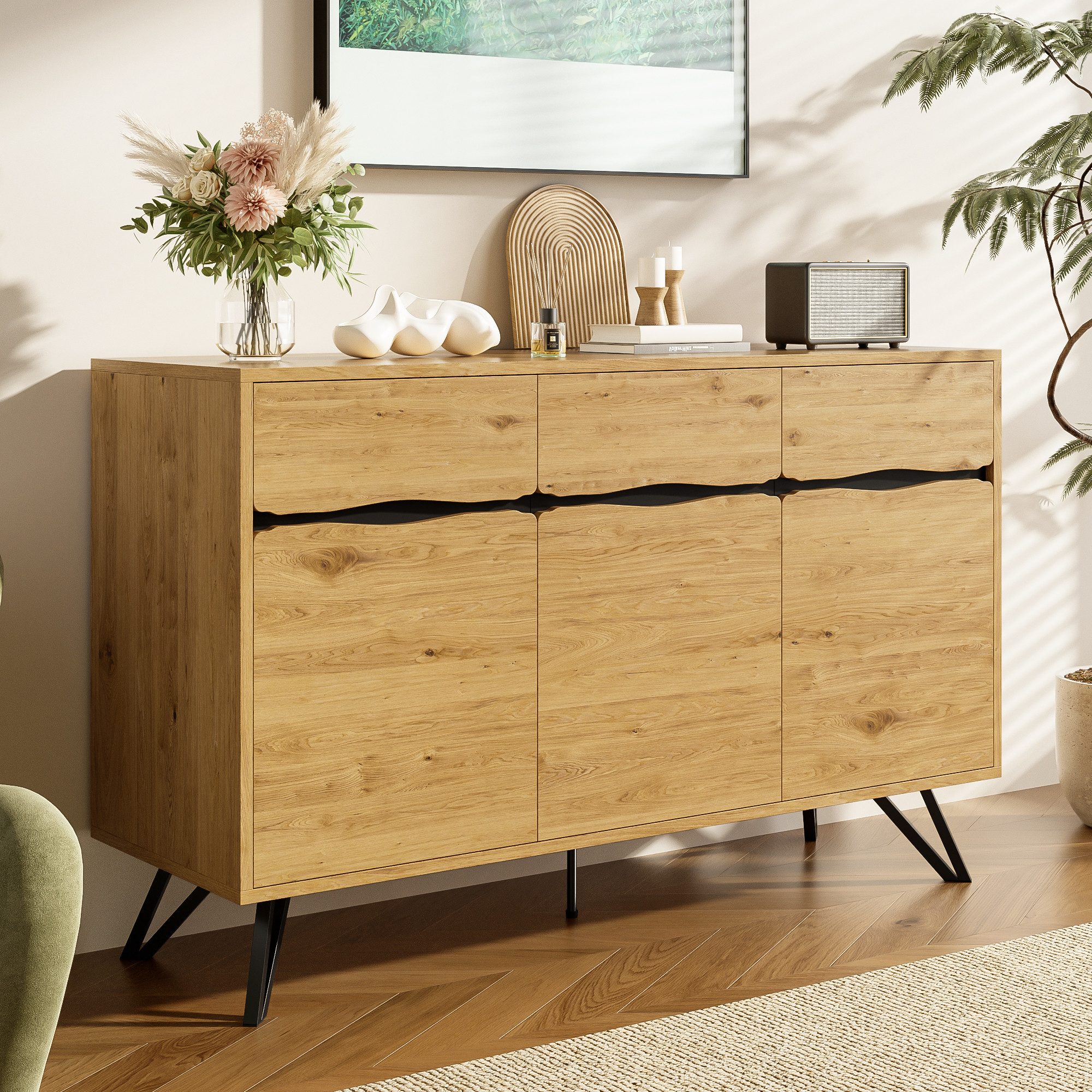 Merax Sideboard in Holzoptik mit schwarzen Metallbeinen (1 St., 140x40x75,5 cm), Buffetschrank Kommode Anrichte mit 3 Türen, Fächern & Stauraum