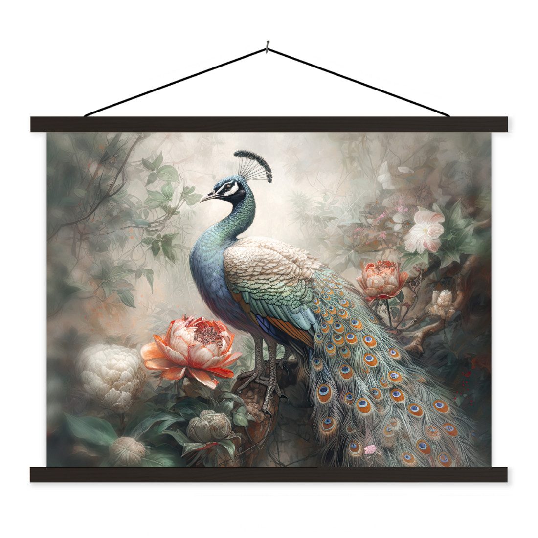 Poster Pfau - Pfauenfedern - Vogel - Dschungel - Blumen