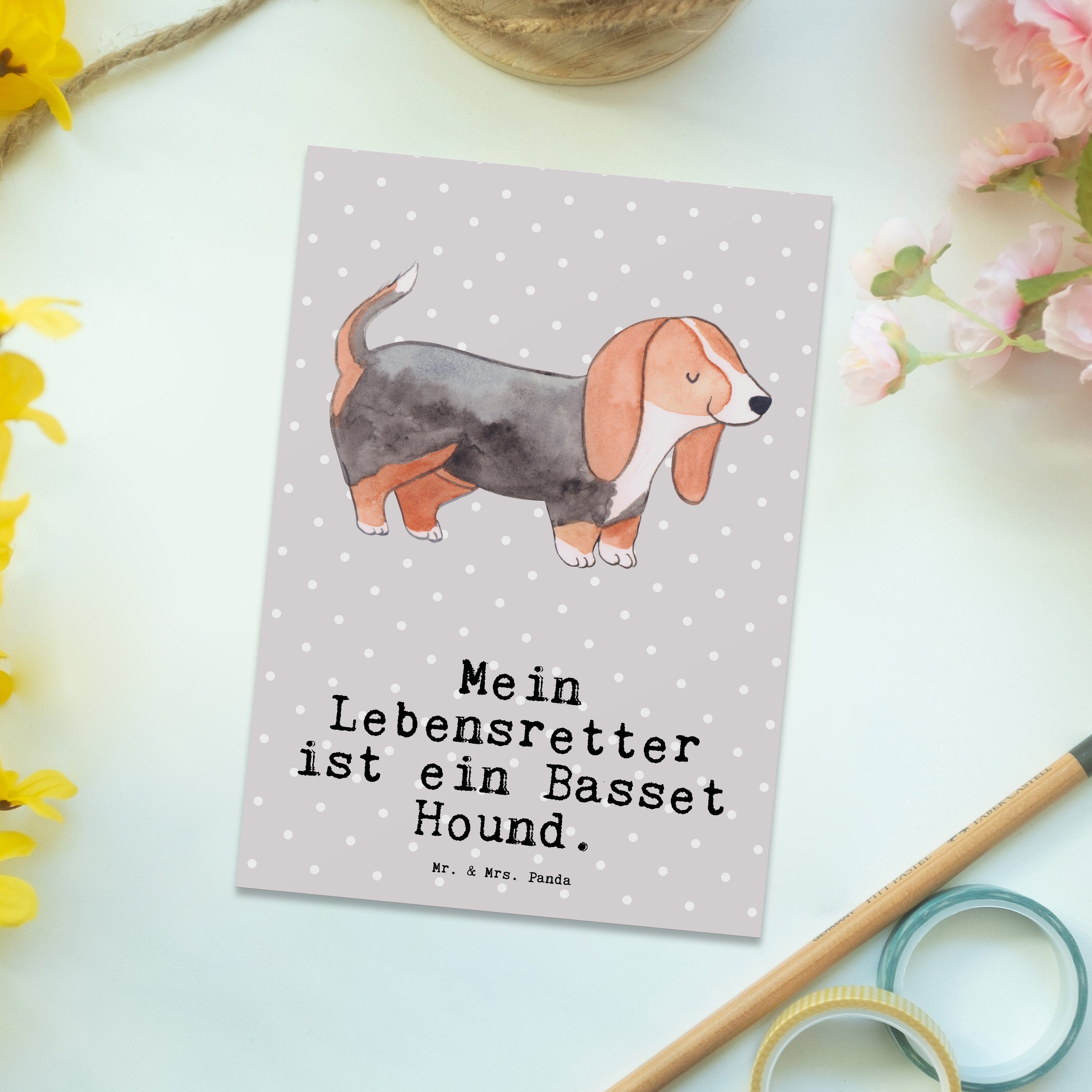 Mr. & Mrs. Panda Lebensretter Geschenk, Grau Basset Pastell Karte, Hund, Ges - Postkarte Hound 