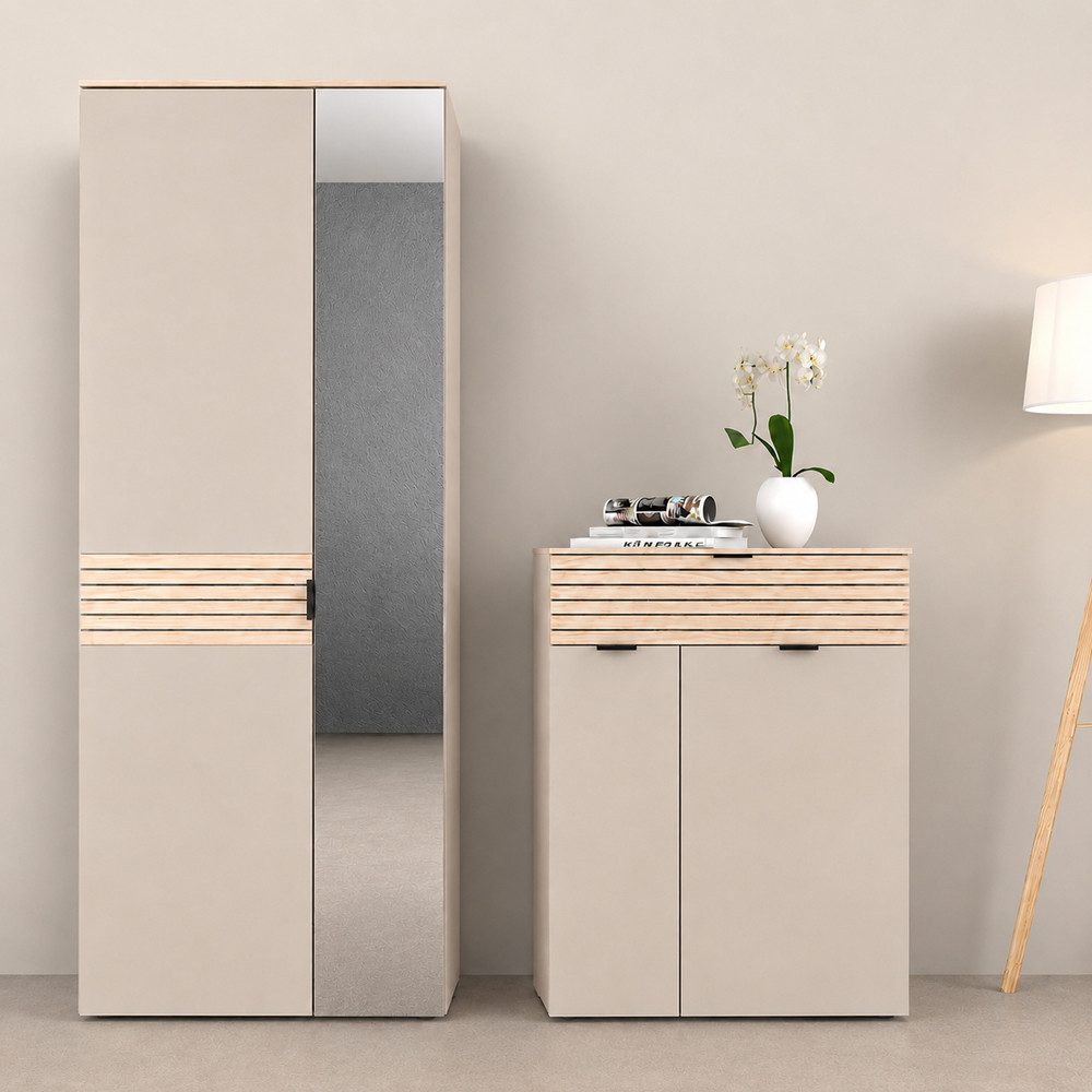 Lomadox Garderobe ISCHIA-36 (Garderobenschrank Schuhkommode), in Beige mit Eiche, Spiegeltür, Lamellenoptik