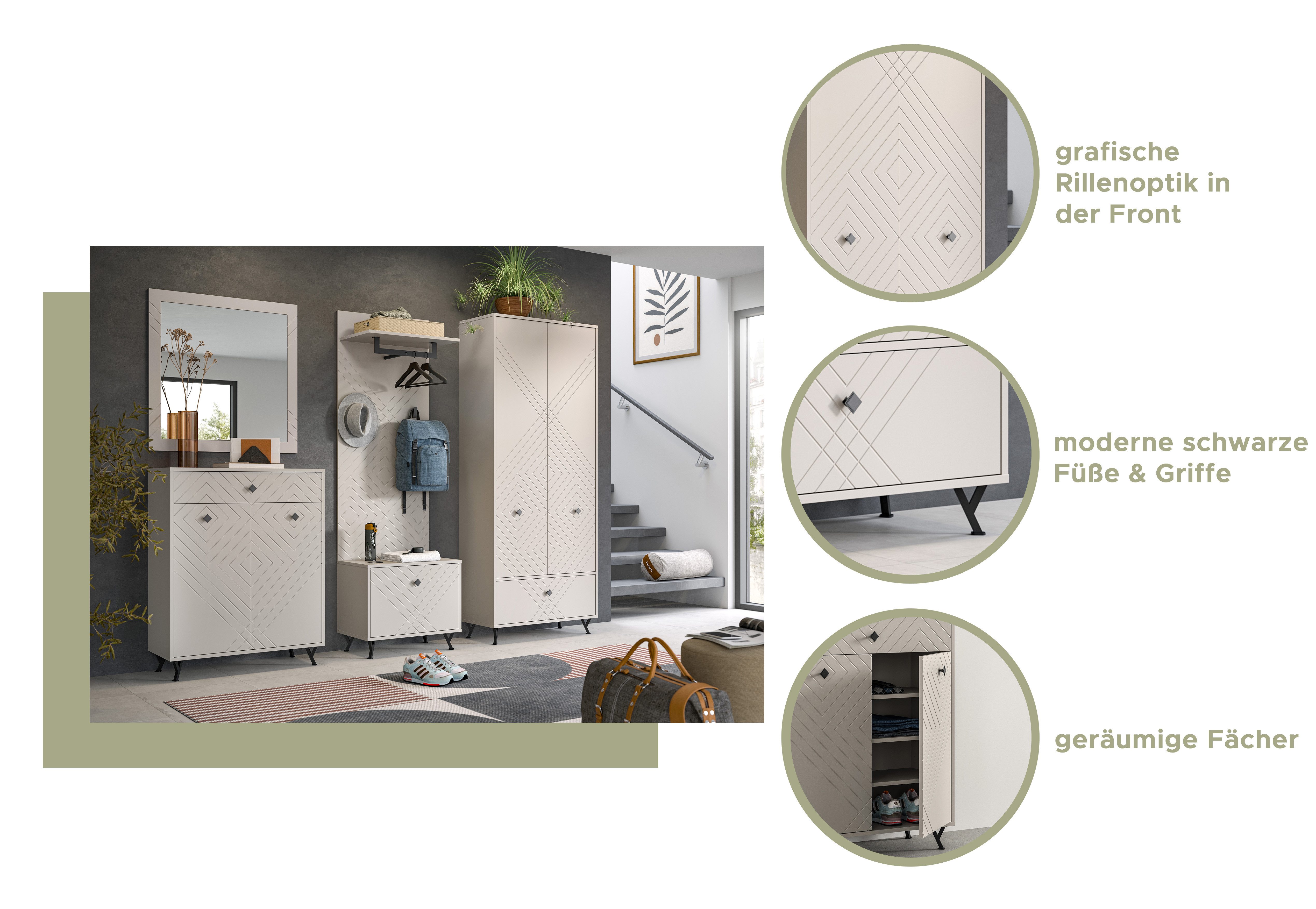 furnling Sitzbank Noam, Ornamentfräsung, Flurbank, Truhe, Garderobe, Diele, modern