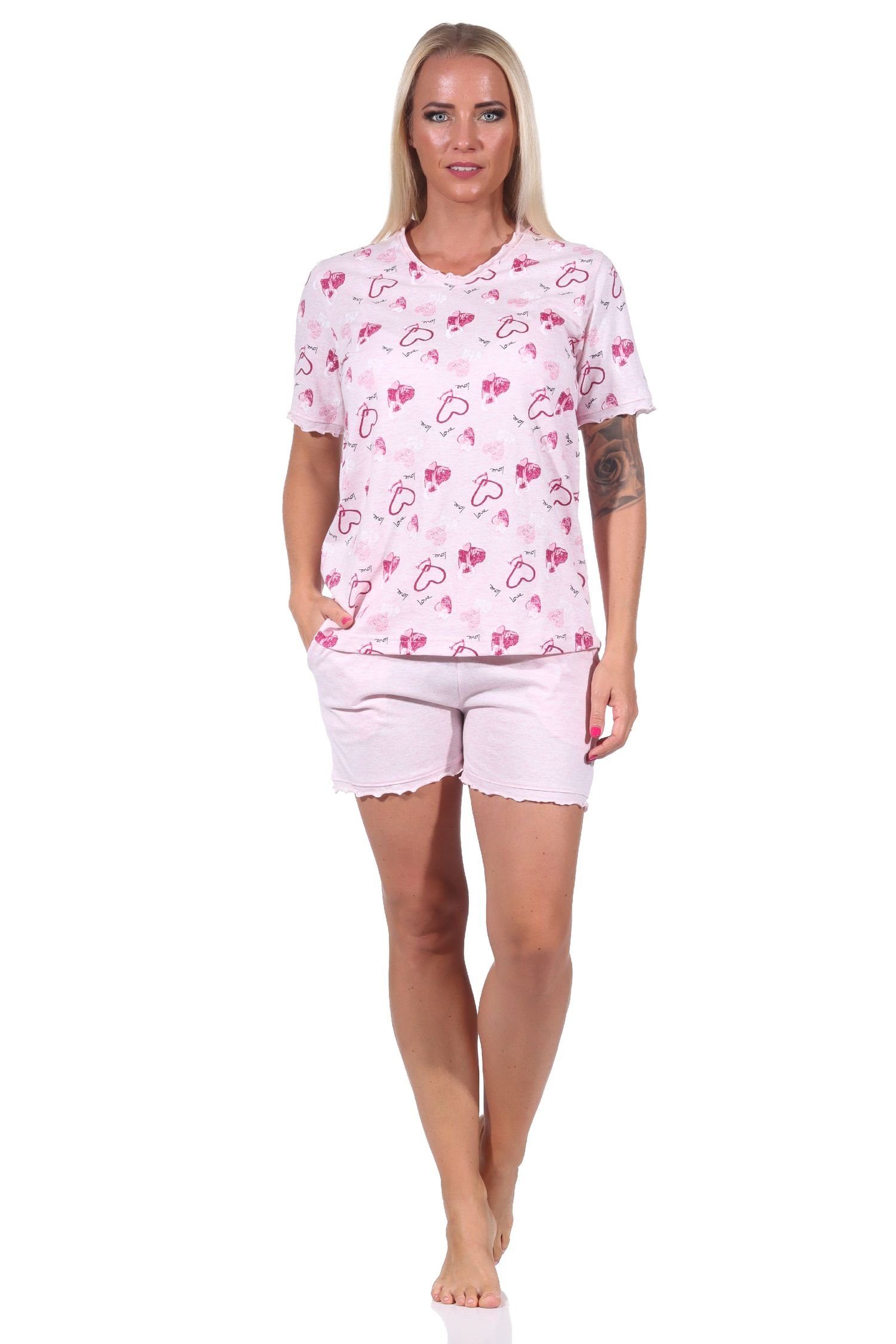 Normann Pyjama Damen kurzarm Shorty Schlafanzug in Herz Optik - auch in Übergröße rosa