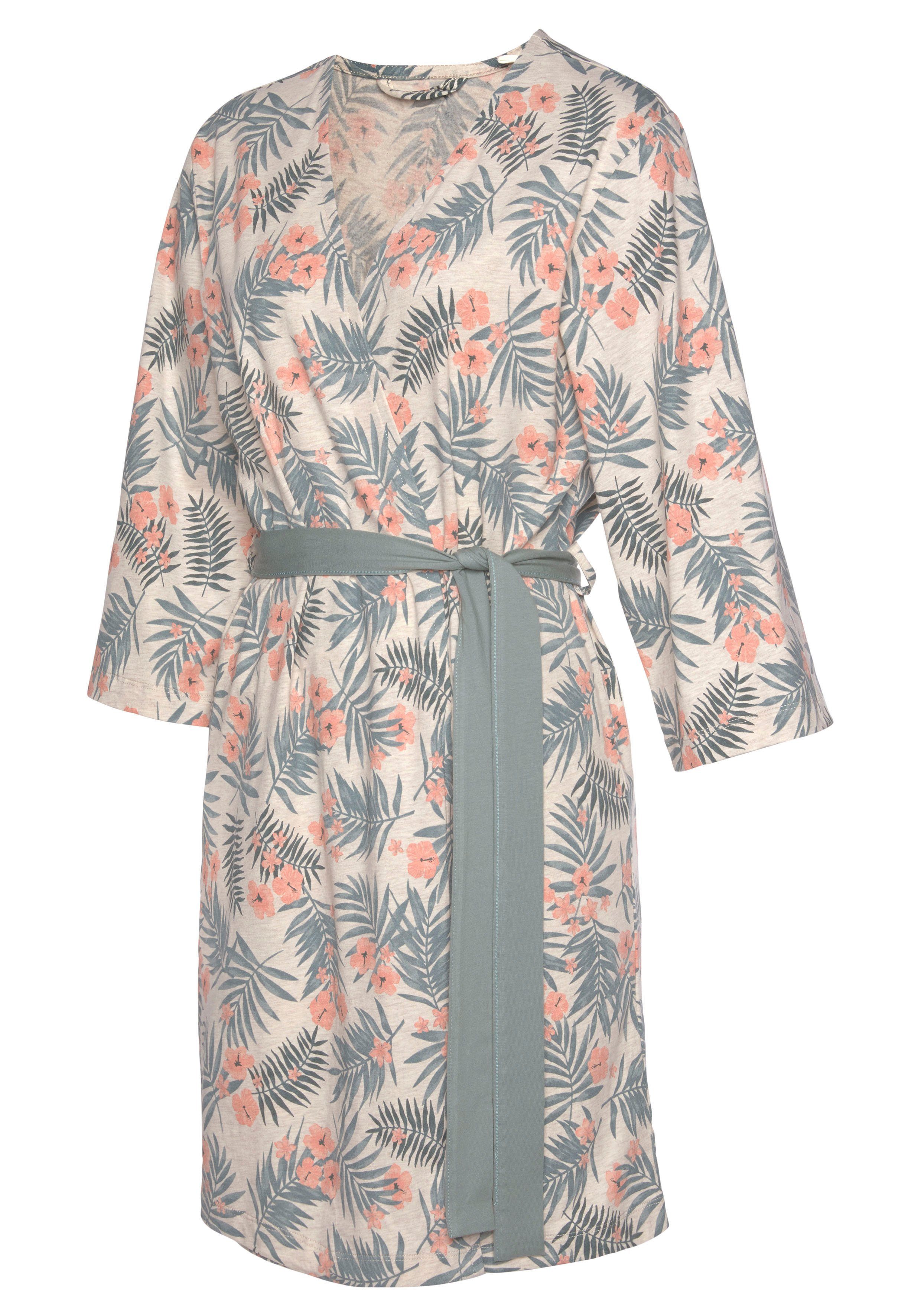 LASCANA Kimono, Baumwolle, und sand-grün Gürtel, in Kurzform, uni Allover-Druck