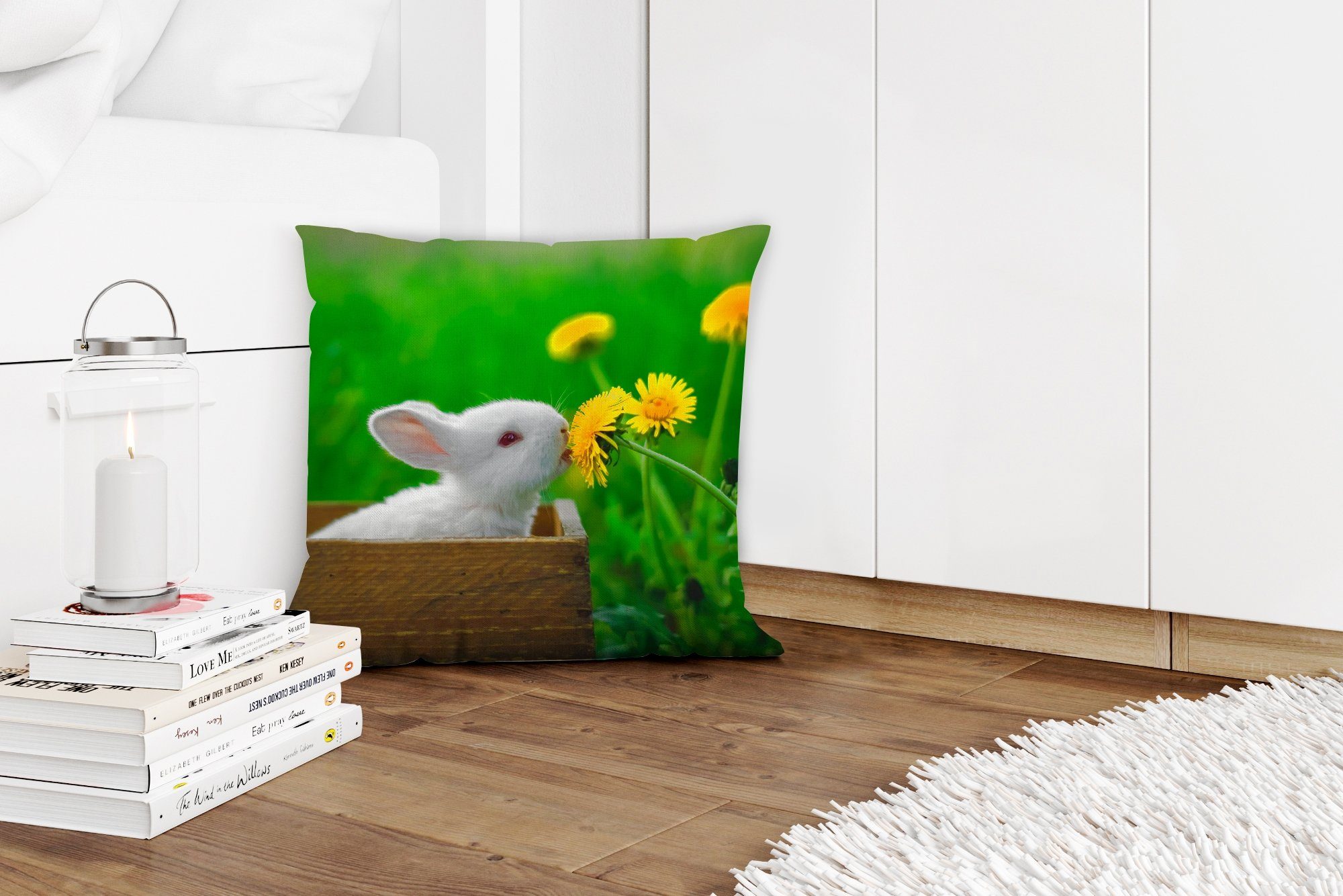 MuchoWow Dekokissen Kaninchen - - Schlafzimmer, für Deko, Sofakissen Zierkissen mit Wohzimmer, Füllung Löwenzahn Gras