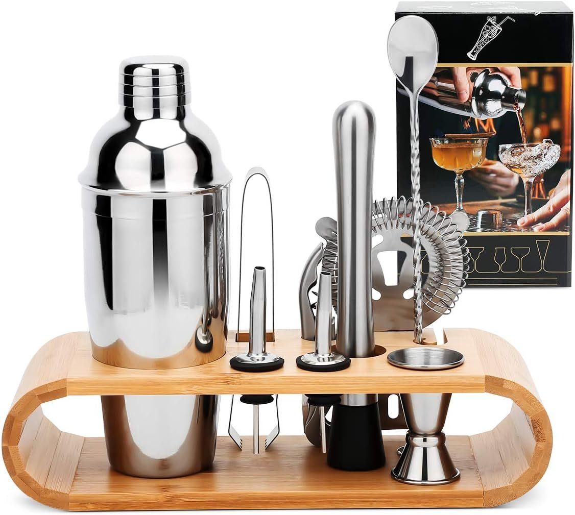 HIBNOPN Cocktailshaker-Set, Bambus-Aufbewahrung 10-teilig, (10-St) Edelstahl, Cocktailsessel