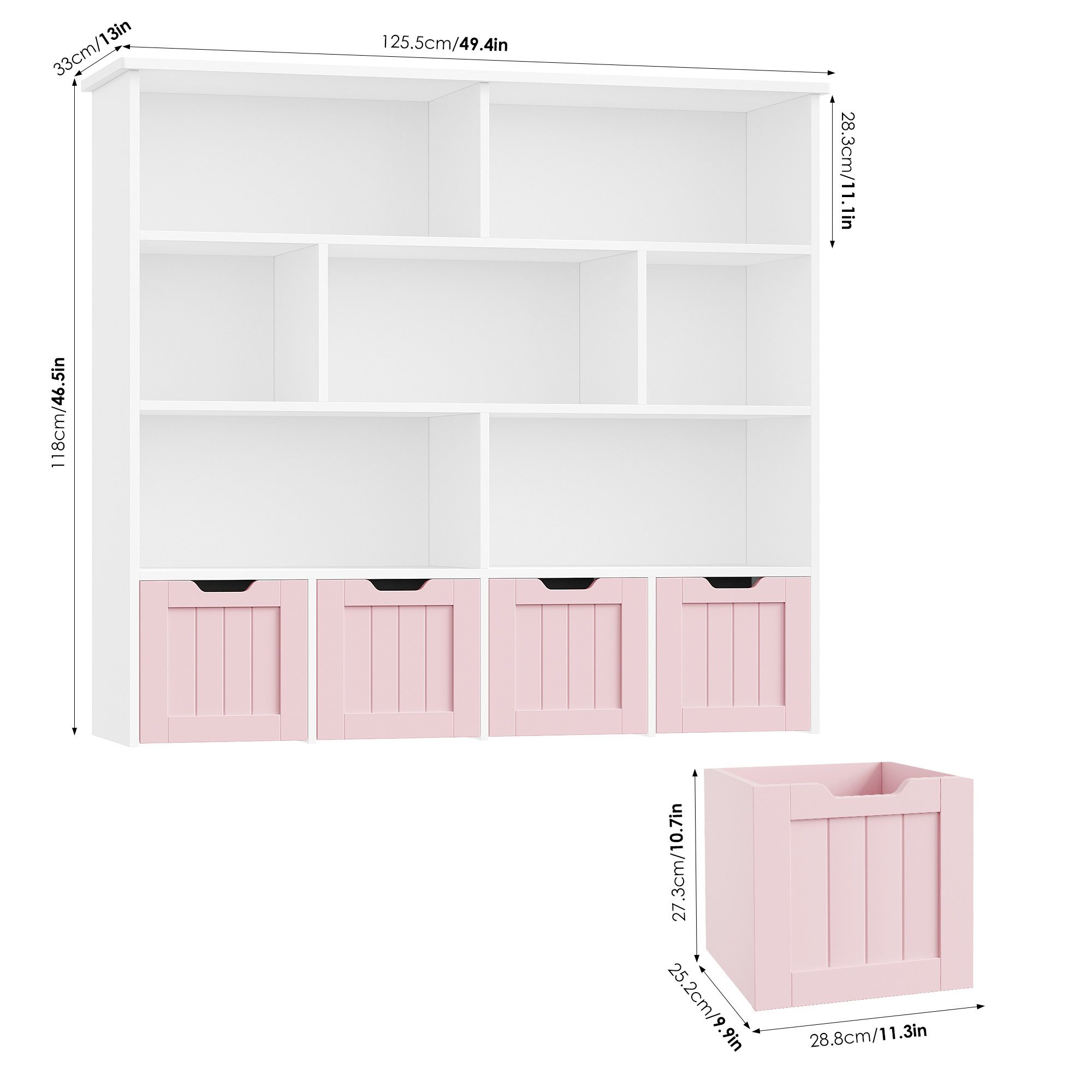Homfa Kinderregal mit 4 Spielzeugkisten auf Rollen, Spielzeugregal mit 7 offenen Fächern Spielzeugtruhe 125x118x33cm weiß