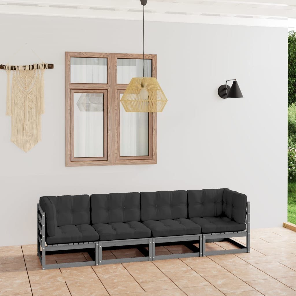 Massivholz, mit Grau Loungesofa Teile 1 Kiefer vidaXL 4-Sitzer-Gartensofa Kissen