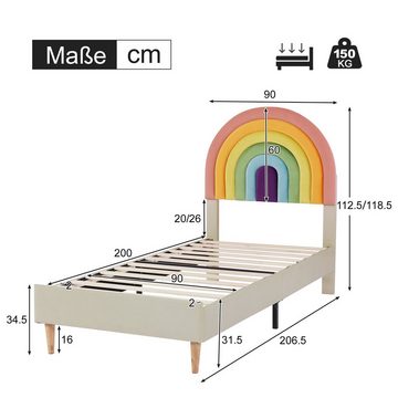 Ulife Kinderbett Polsterbett Jugendbett mit höhenverstellbarem Kopfteil Regenbogen-Samt, Holzlattenunterstützung, 90 cm x 200 cm