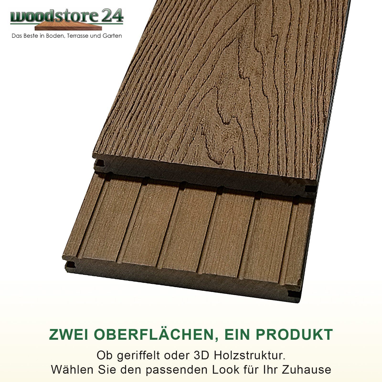 Woodstore24 Terrassendielen WoodoMalta WPC Massivdiele in Holzoptik für den Garten mit Clipsystem, (Bodenbelag Komplettset mit Unterkonstruktion, Clip-Befestigung, 2,4m L x 14,6cm B x 1,8cm Stärke, in grau, anthrazit & braun), Holzoptik, Klicksystem, Außenbereich, Gastronomie geeignet, wetterfest