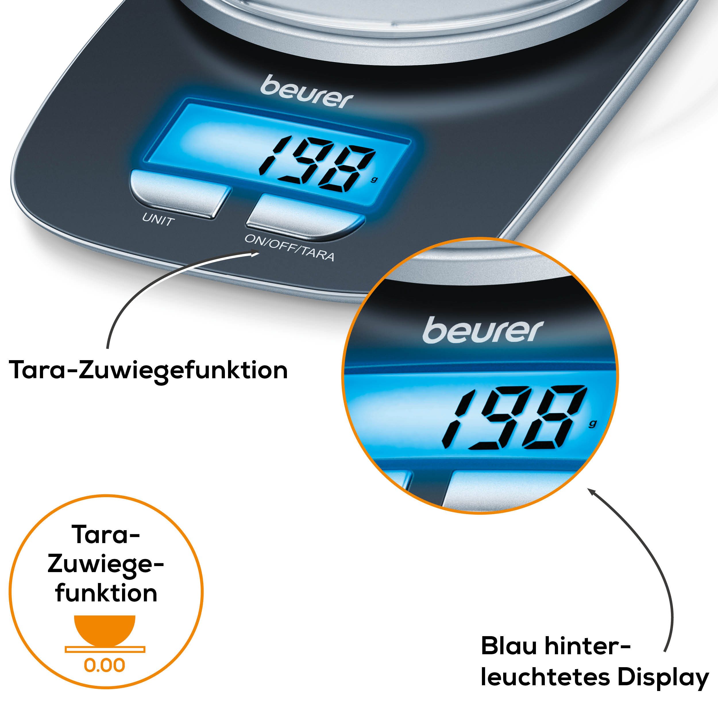 BEURER Küchenwaage KS 25 Haushaltswaage, mit praktischer Schüssel, Tara-Zuwiegefunktion, Koch- und Backwaage mit 3 kg Tragkraft und Schüssel mit 1,2l – Bild 4 von 5