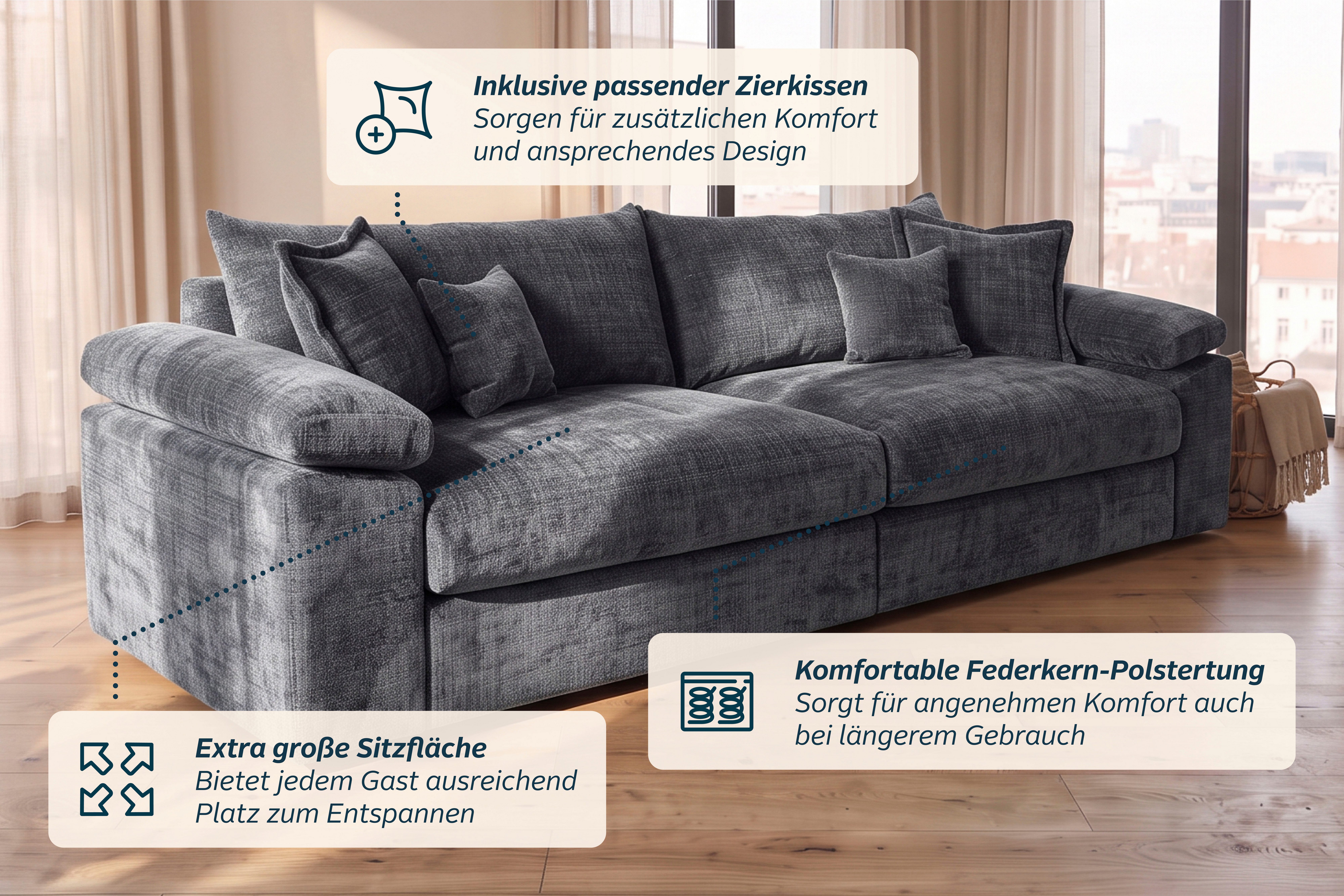 OTTO home Big-Sofa Soft&Cosy XXL, B: 303 cm - OTTO. Verlässliche Qualität., Mega-Sofa, Cord oder Chenille-Struktur, mit Federkern & 4 Zierkissen – Bild 5 von 5
