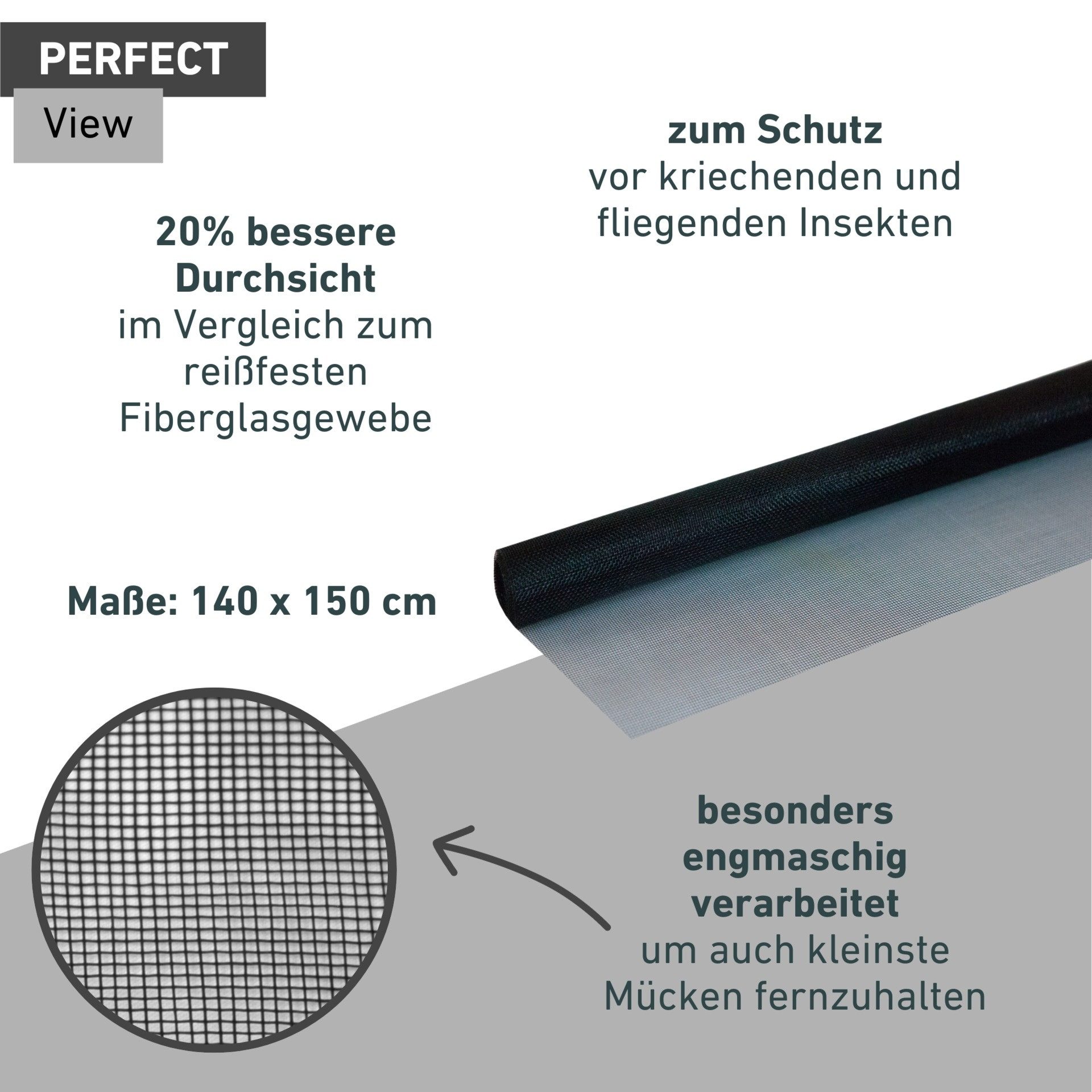 Windhager Fliegengitter-Gewebe Perfect View aus Fiberglas für Fenster, Balkon- und Terrassentüren, (1-St), Insektenschutzgitter erhältlich in 140 x 150 cm oder 120 x 250 cm