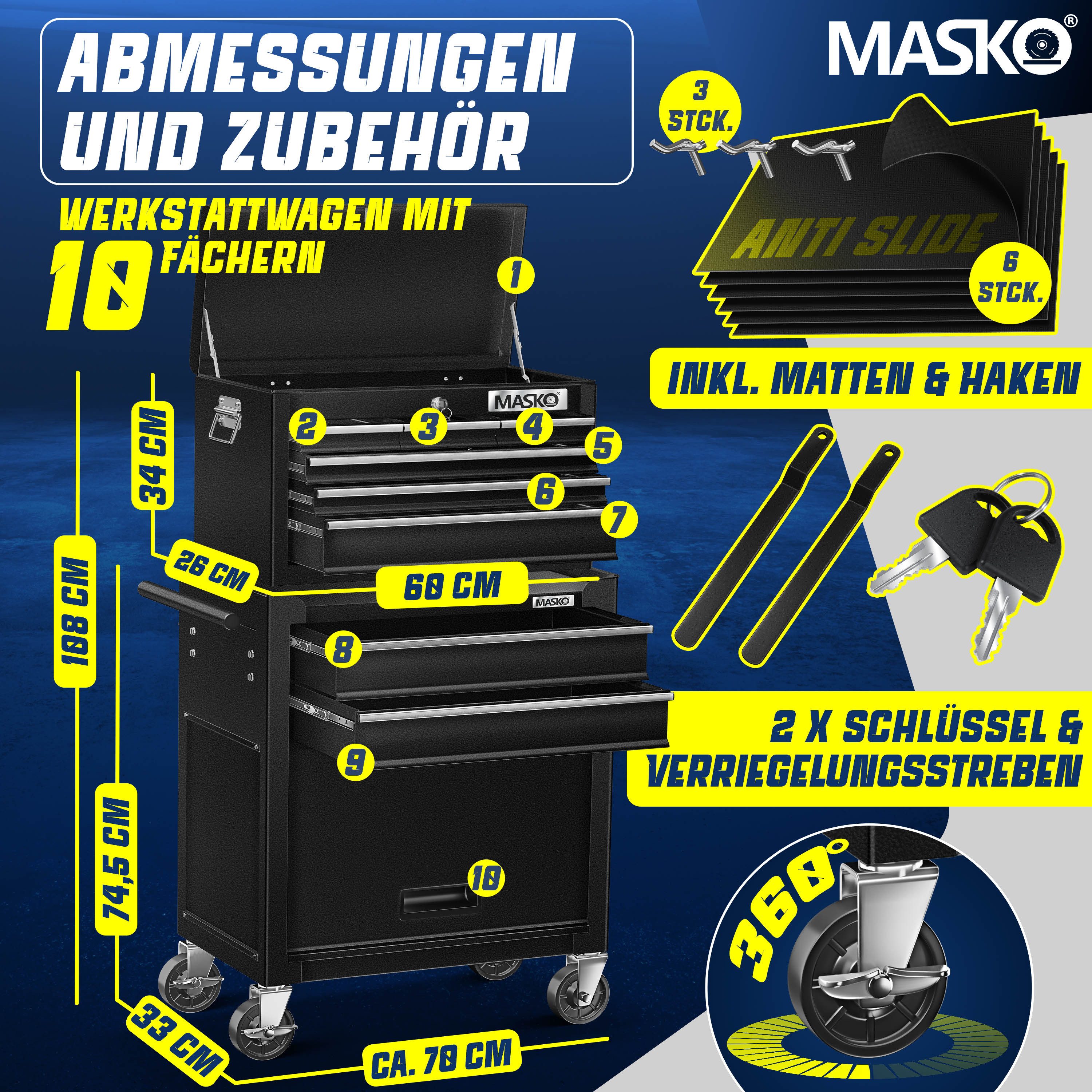 MASKO Werkstattwagen, schwarz, Werkzeugwagen inklusive Koffer 9 Fächer Absc günstig online kaufen