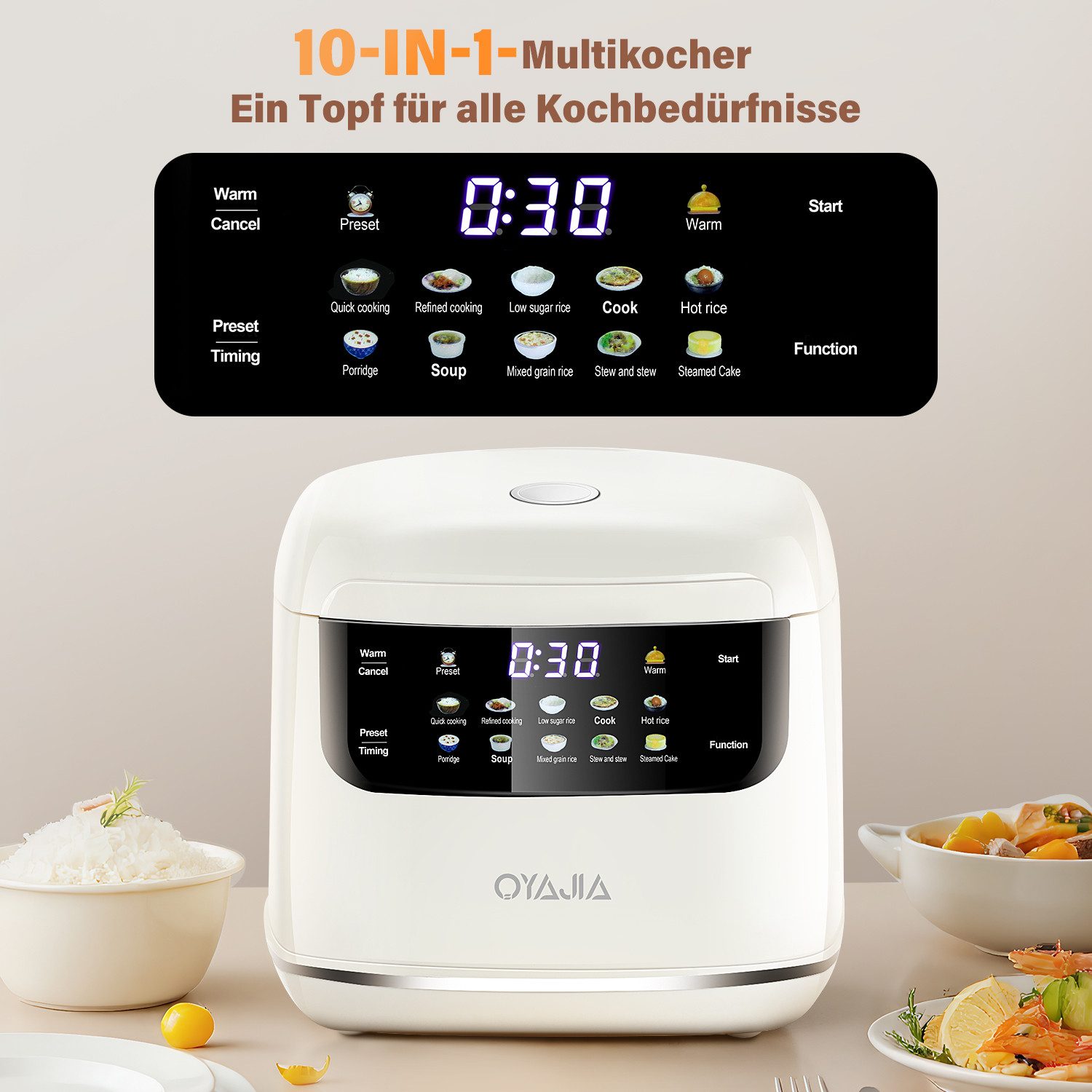 oyajia Reiskocher Reiskocher 2L, Rice Cooker mit Low Carb Funktion and Dampfgarer, 400 W, 10 in 1 Reiskocher mit 24h Timer & 8h Warmhaltefunktion