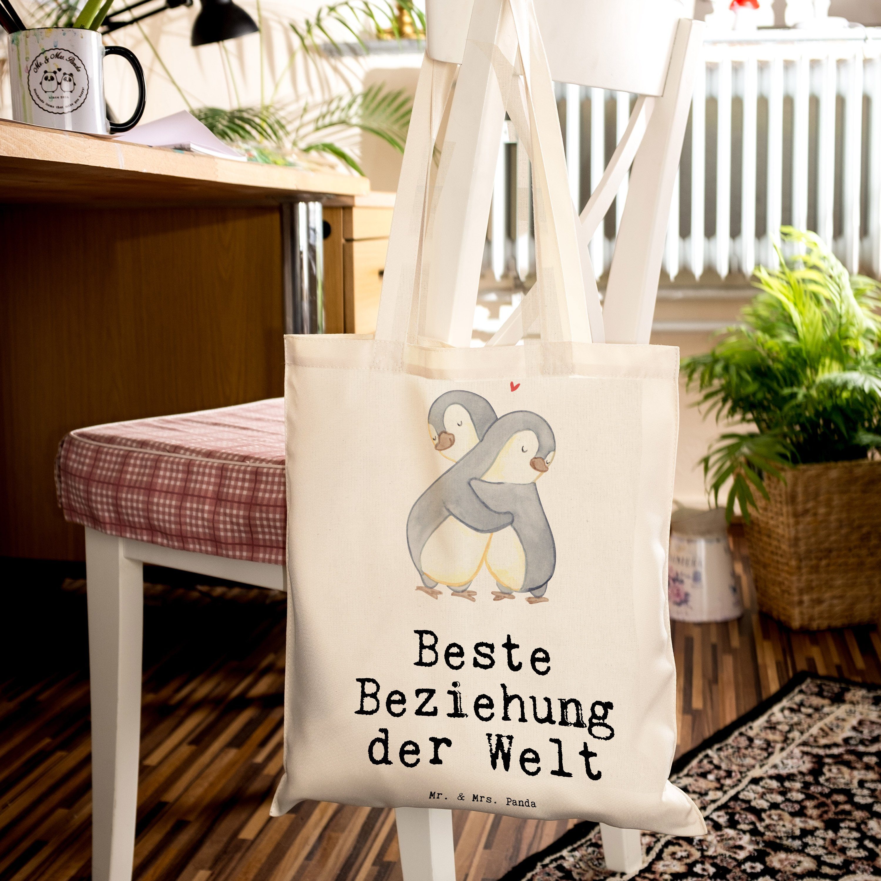 Tragetasche Sch - Pinguin - & Liebe, Mrs. Welt Panda Geschenk, Beste Mr. Transparent Beziehung der (1-tlg)