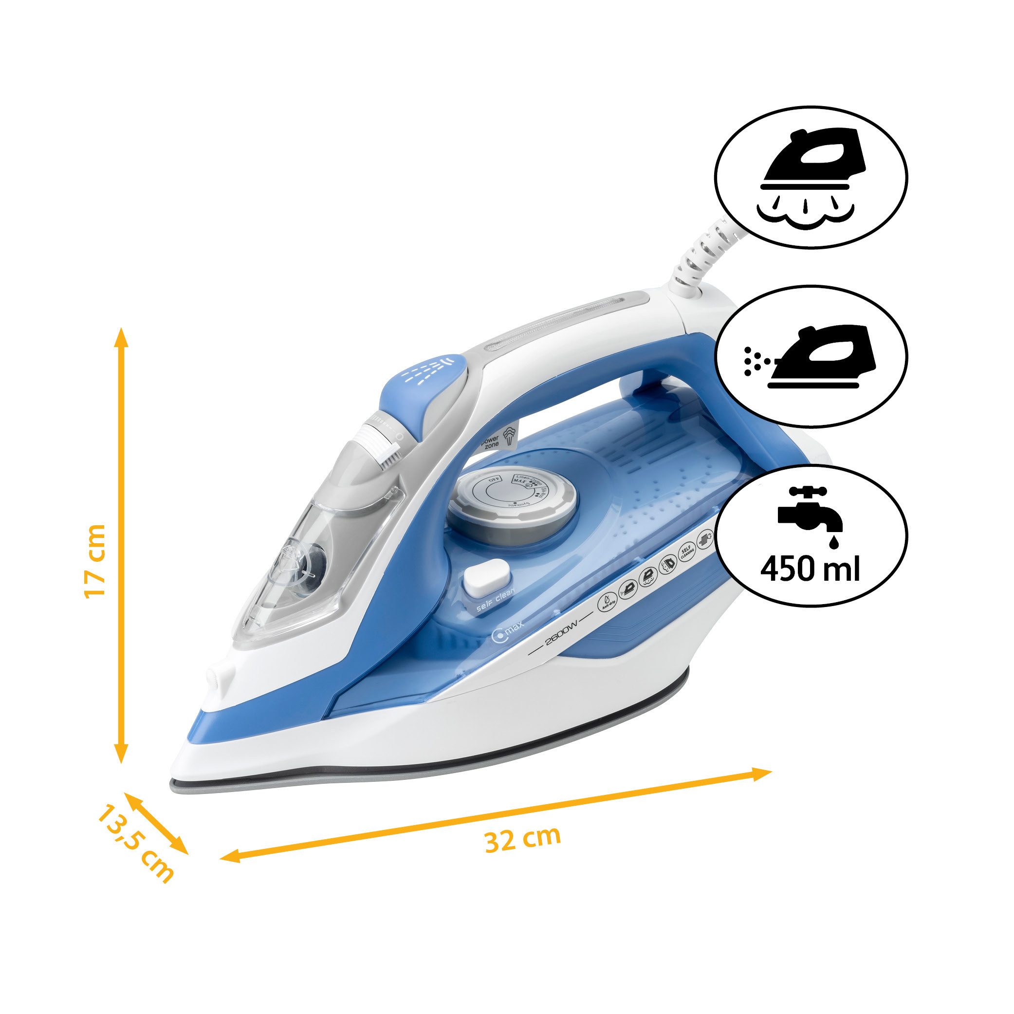 TZS FIRST AUSTRIA Dampfbügeleisen 2600W, Keramiksohle, 91 Düsen, 35g/min, 1g Dampfstoß, Blau, 2600 W, Bügeleisen mit Antikalk, Tropfschutz, Vertikaldampf, 450ml Wassertank