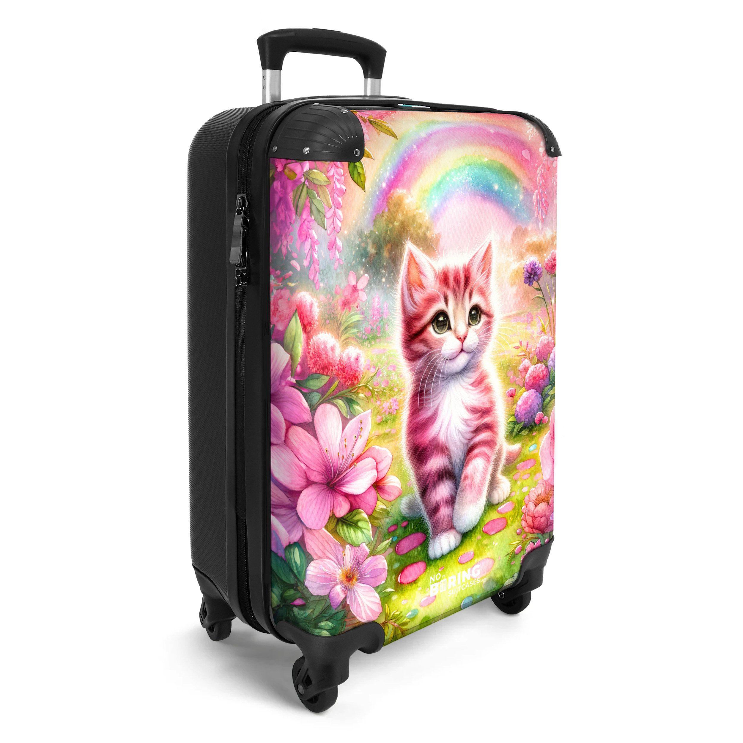 NoBoringSuitcases.com© Kinderkoffer Kätzchen mit Regenbogen und Blumen 55x35x20cm, Handgepäck-Koffer, Kinderkoffer, Reisekoffer Mädchen – Bild 2 von 5